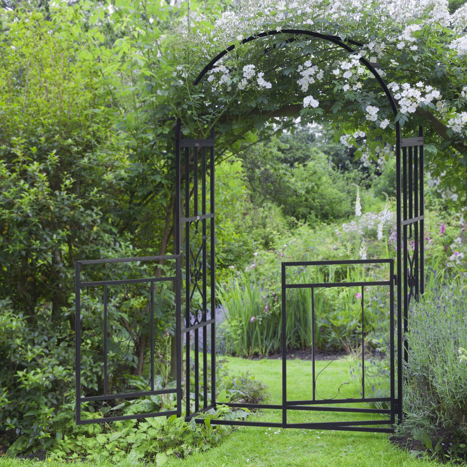 Dark Grey Metal Garden Arch With Double Gates