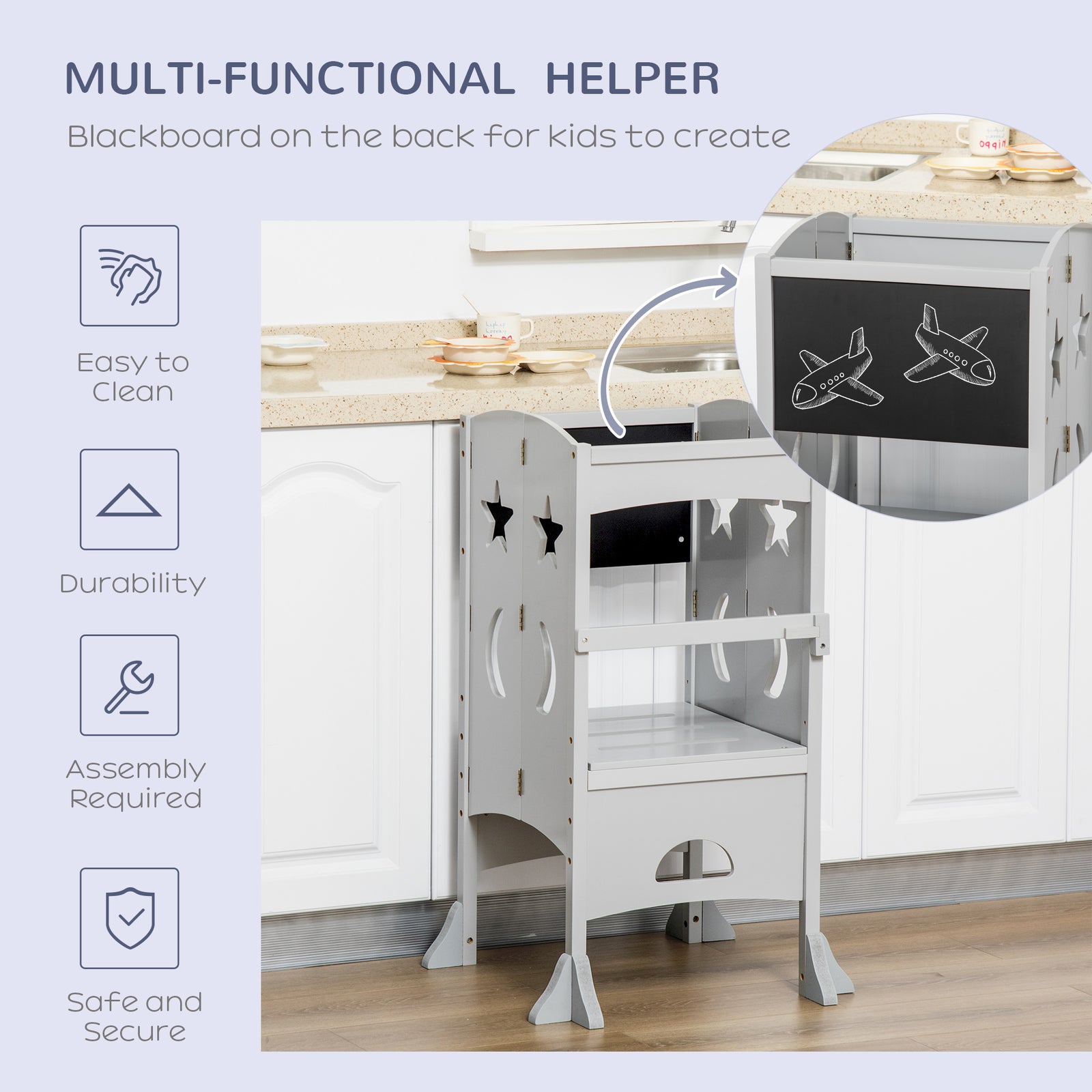 Kids Step Stool Toddler Kitchen Stool With Blackboard Lockable Handrail | Grey