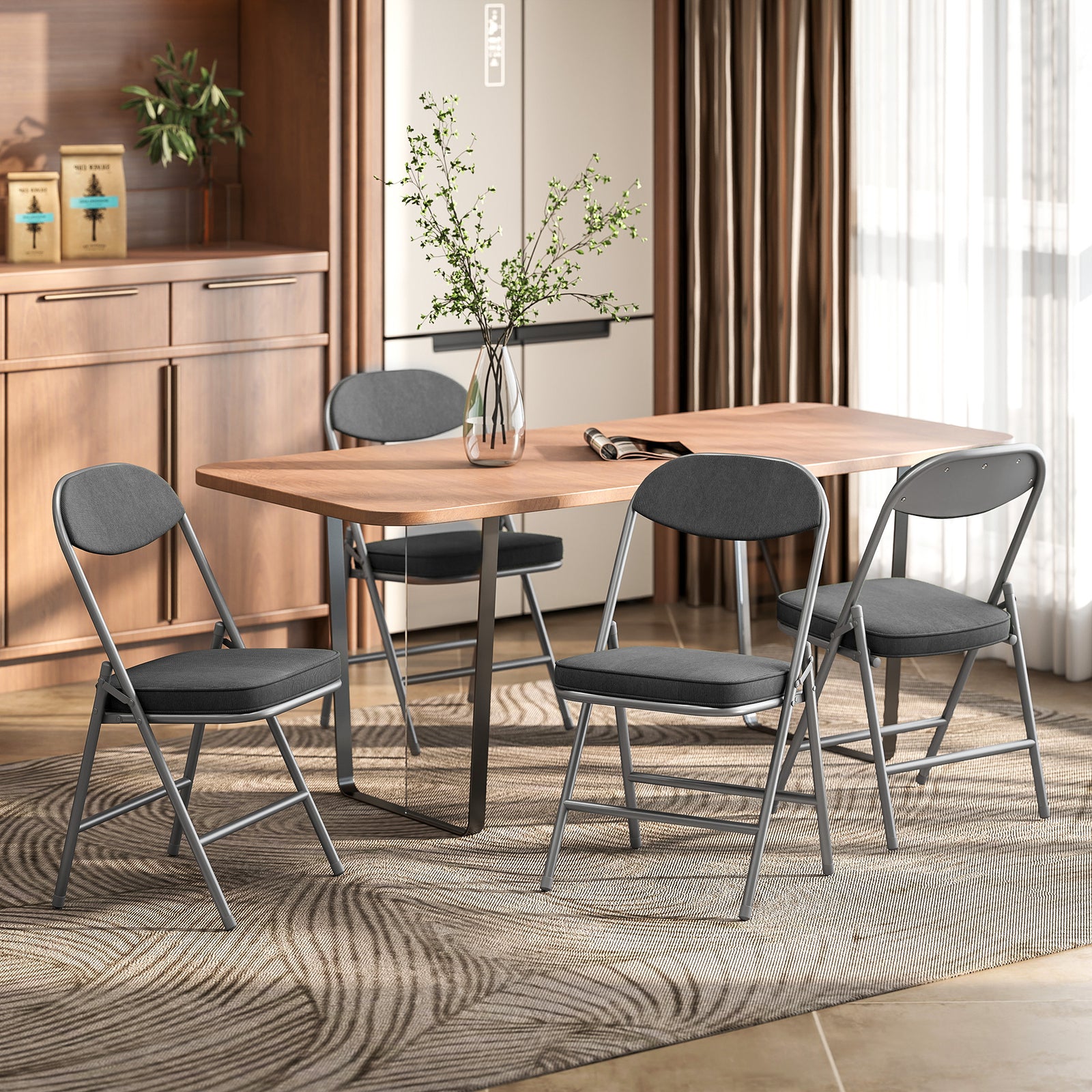 Folding Chairs Set Of 4 With Cushioned Seat, Steel Frame, Dark Grey | Dark Grey