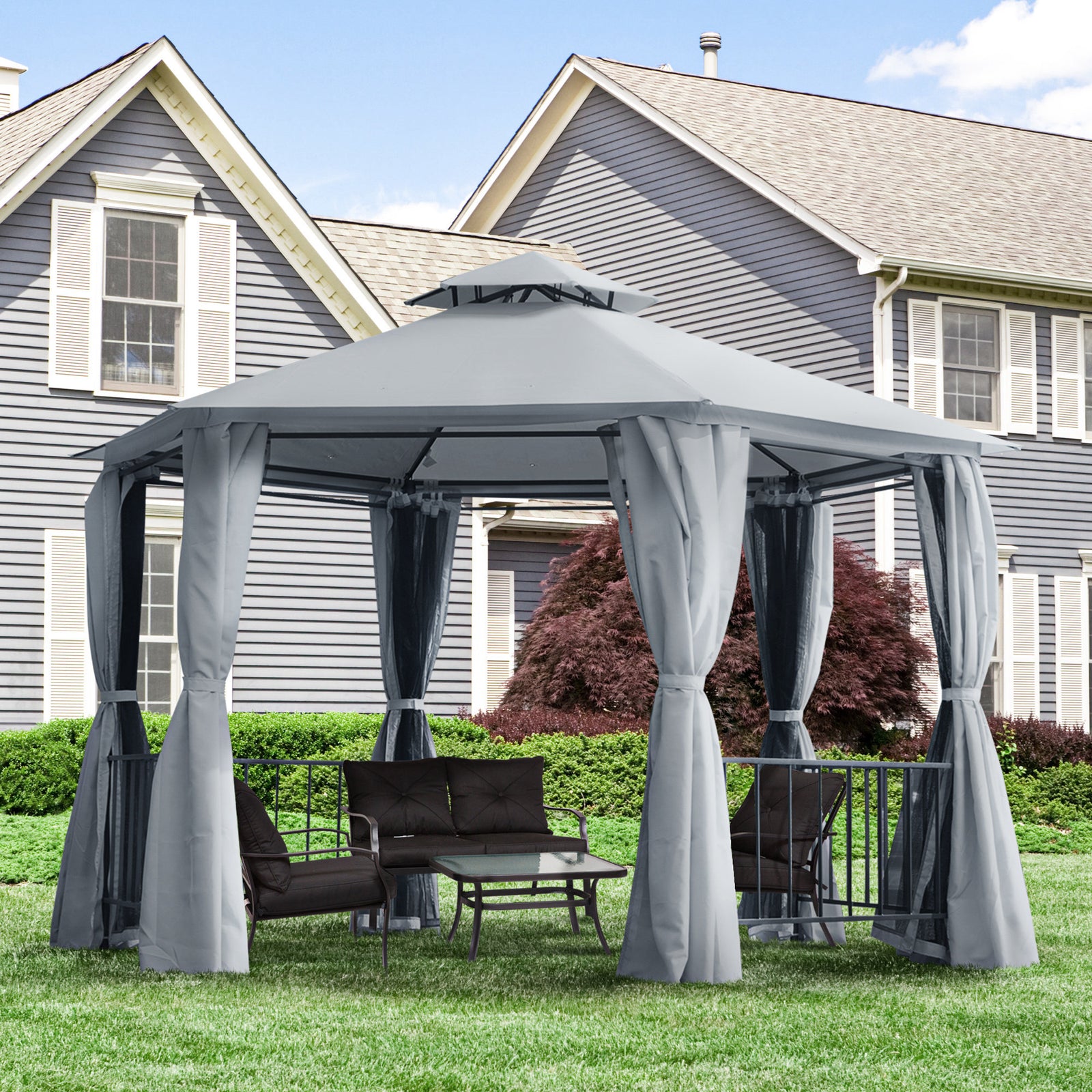 Gazebo Canopy 2 Tier Patio Shelter Steel For Garden | Gray