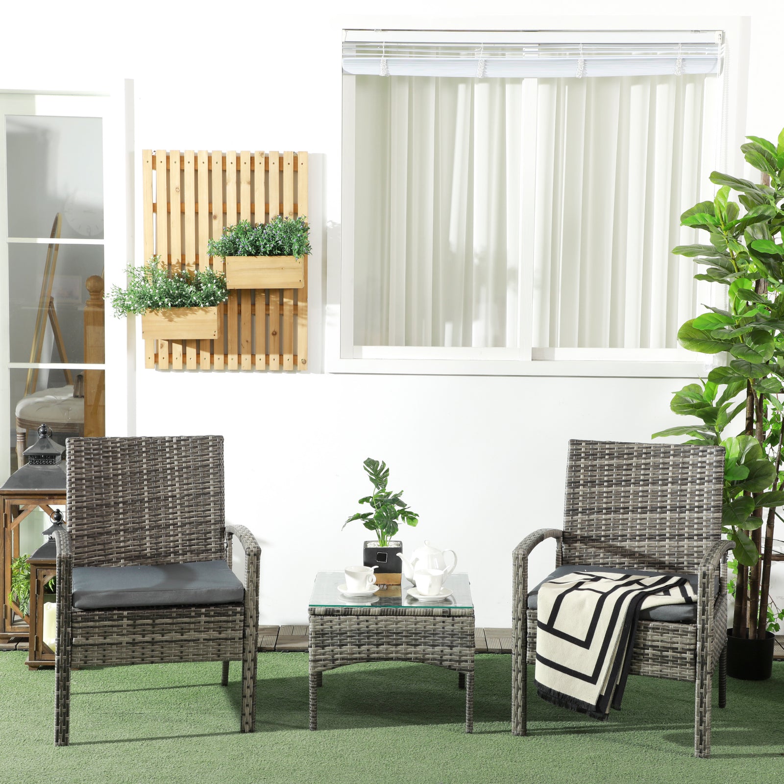 3pc Garden Rattan Bistro Set Dining Table 2 Seater Chair | Gray