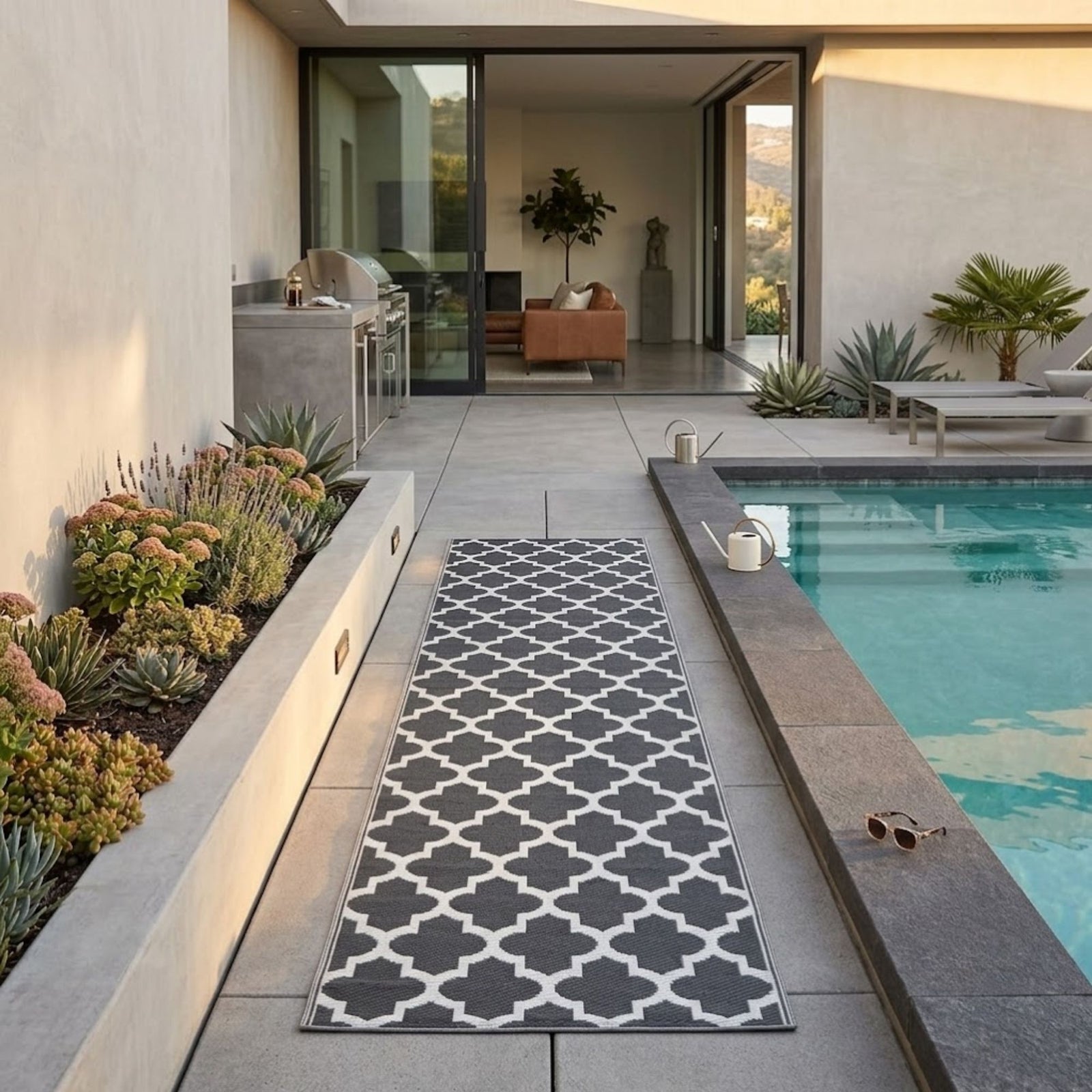 Luxury Outdoor Rug Waterproof Reversible For Garden Patio 100% Recycled, Black Nola Geometric | 75cm x 200cm | Black
