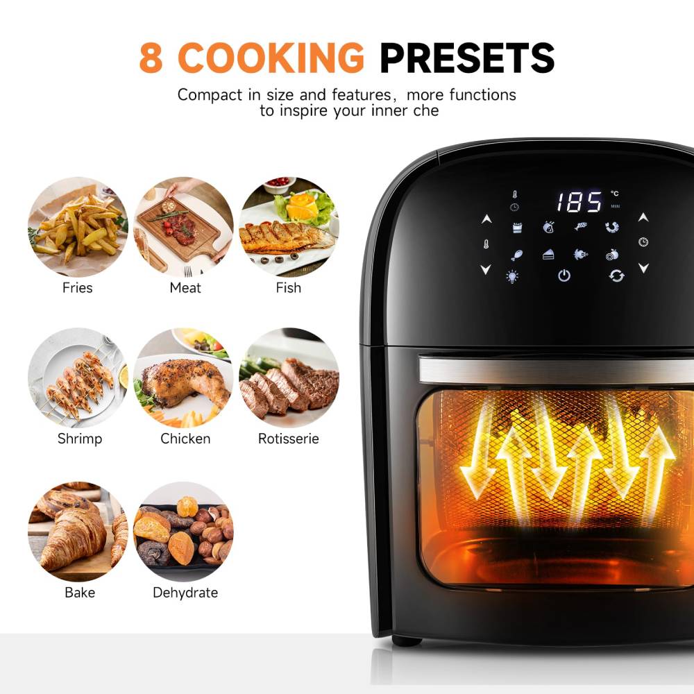 12l Digital Air Fryer Oven With Rotisserie & Skewer Set – 1800w Large Capacity, Touch Panel, 8 Preset Modes, Mesh Tray & Oil Collection Tray