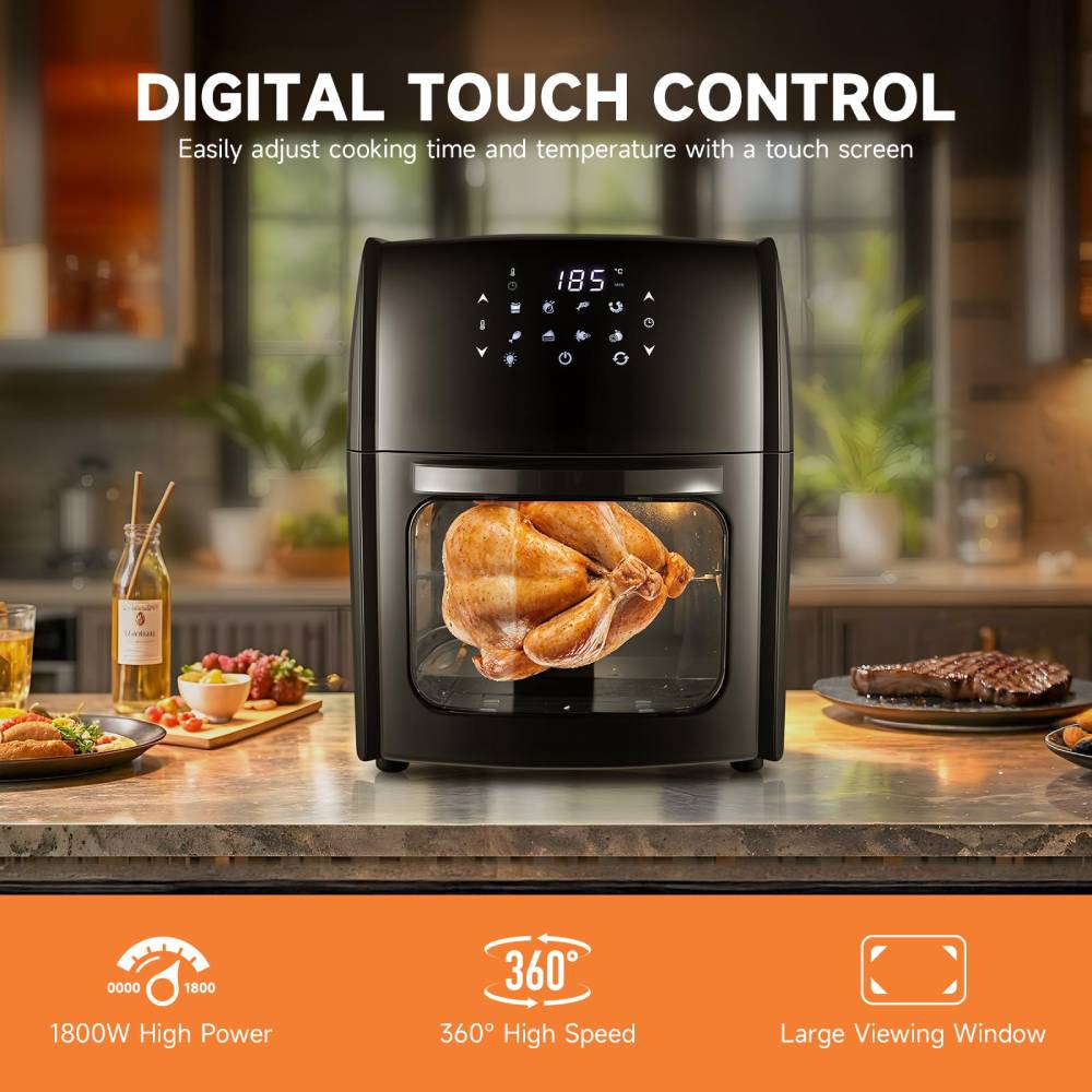 12l Digital Air Fryer Oven With Rotisserie & Skewer Set – 1800w Large Capacity, Touch Panel, 8 Preset Modes, Mesh Tray & Oil Collection Tray