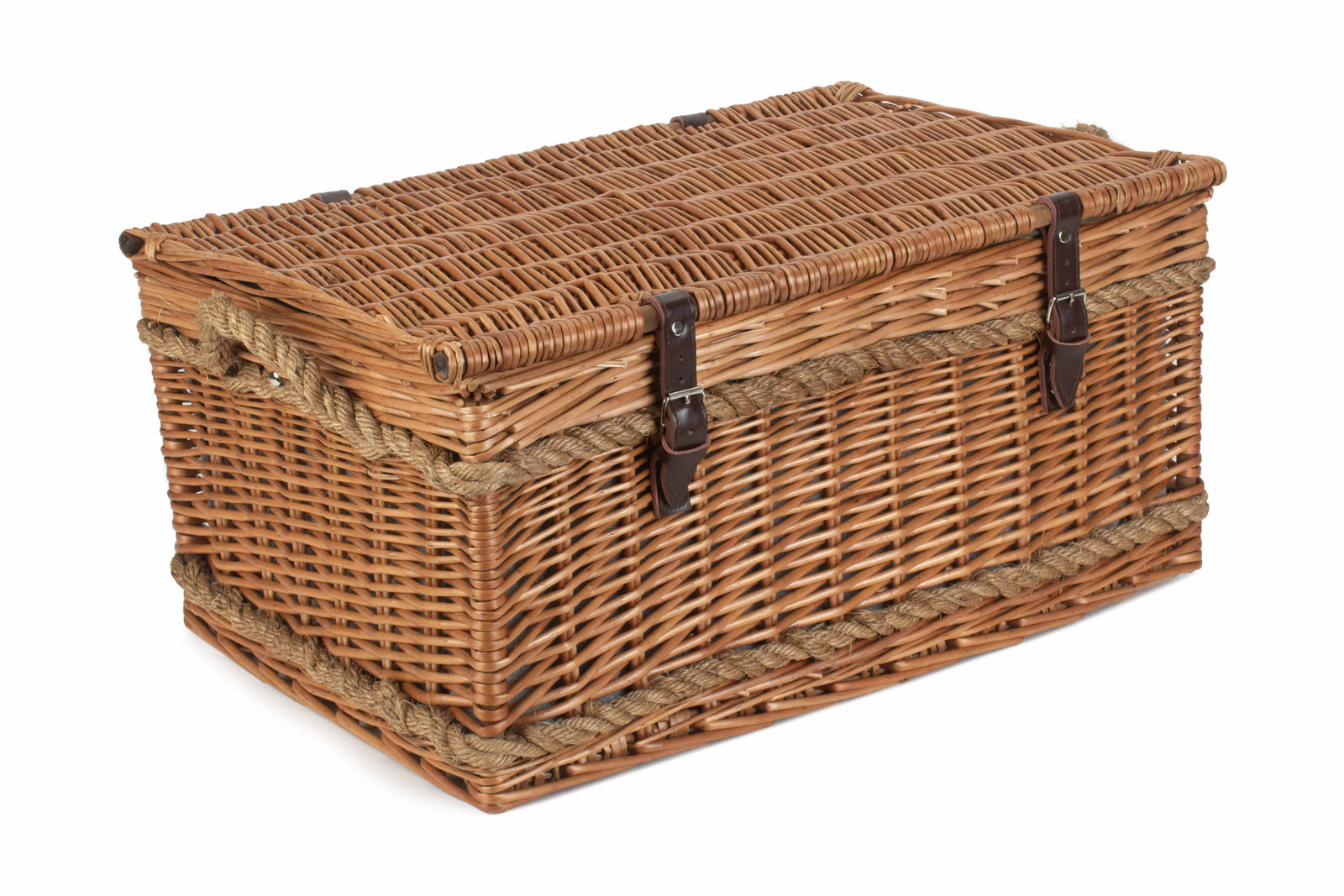Rope Handled Green Tweed 6 Person Fitted Picnic Wicker Basket