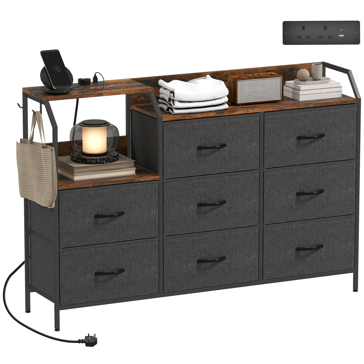 HOMCOM Fabric Chest Of Drawers W/ Charging Station For Bedroom Rustic Brown