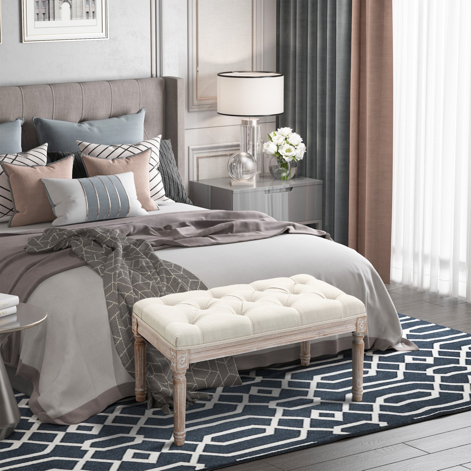 End Of Bed Bench, Tufted Upholstered Foot Stool | Medium | Cream
