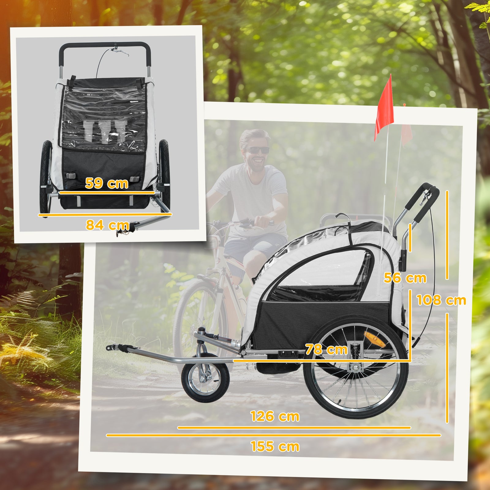 2 Seat Bike Trailer With 5 Point Harness, Safety Flag, Reflectors | Black