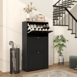 Slim Shoe Cabinet, 3 Flip Drawers Black