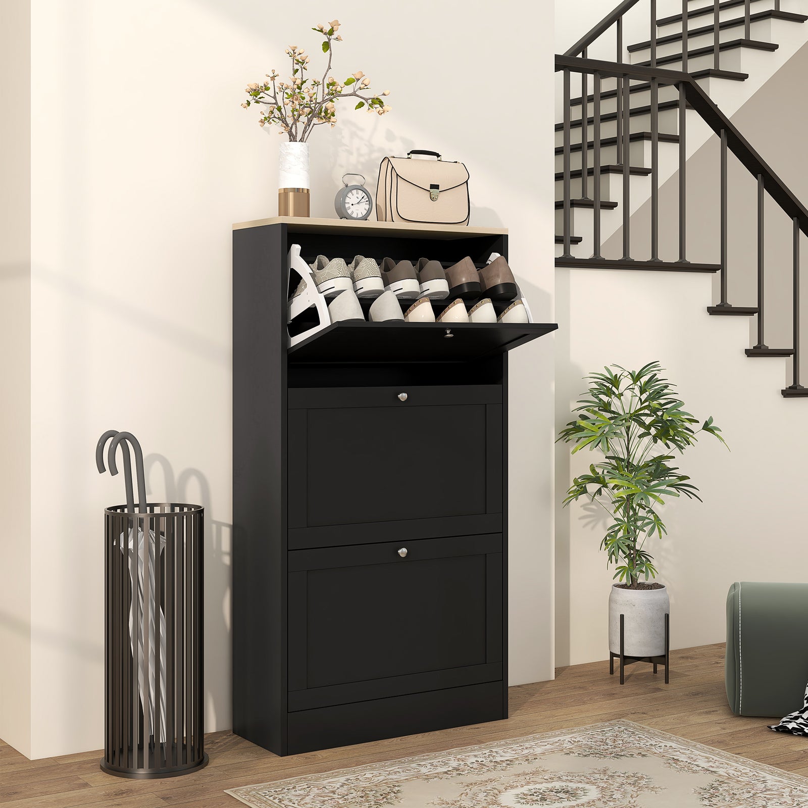 Slim Shoe Cabinet, 3 Flip Drawers Black