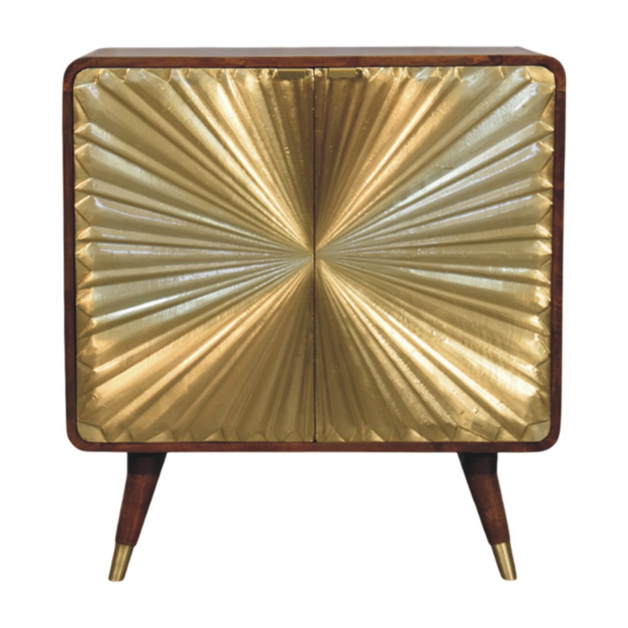 Solid Wood Avora Brass Embossed Cabinet, Dual-storage 2 Shelves, Chestnut, Gold And Dark Brown