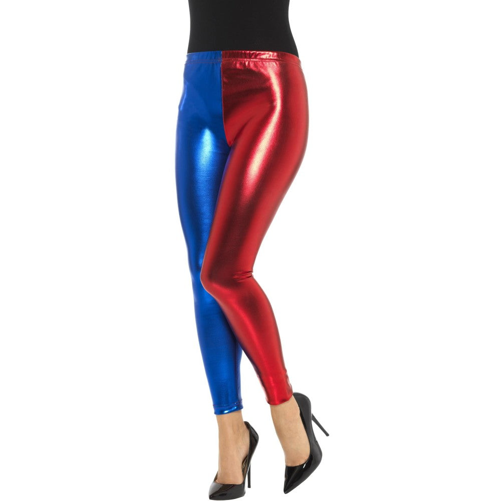 Jester Cosplay Leggings, Metallic, Blue & Red | Medium