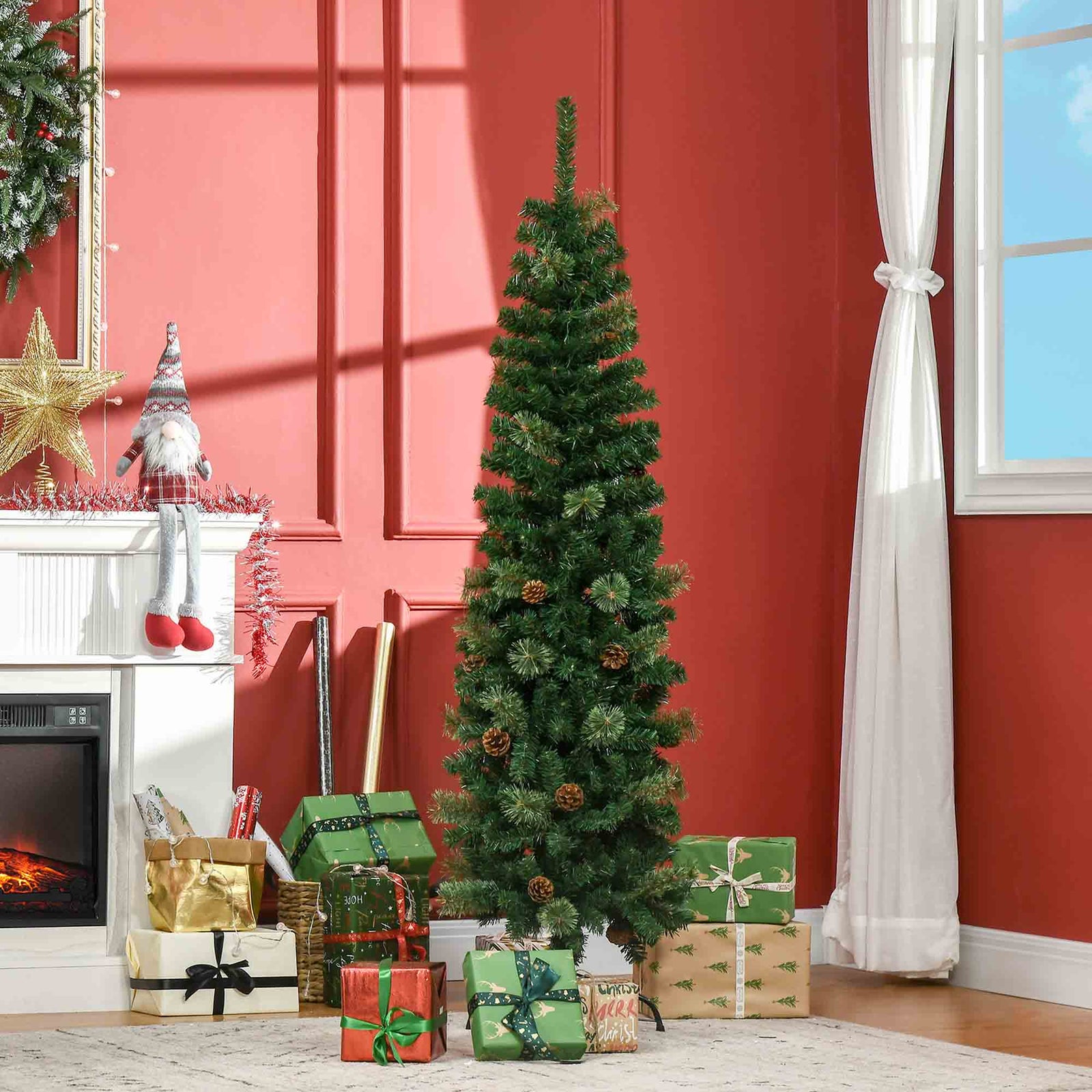 5.5/6.5ft Artificial Slim Christmas Tree With Pine Cones | 5.5ft | Green