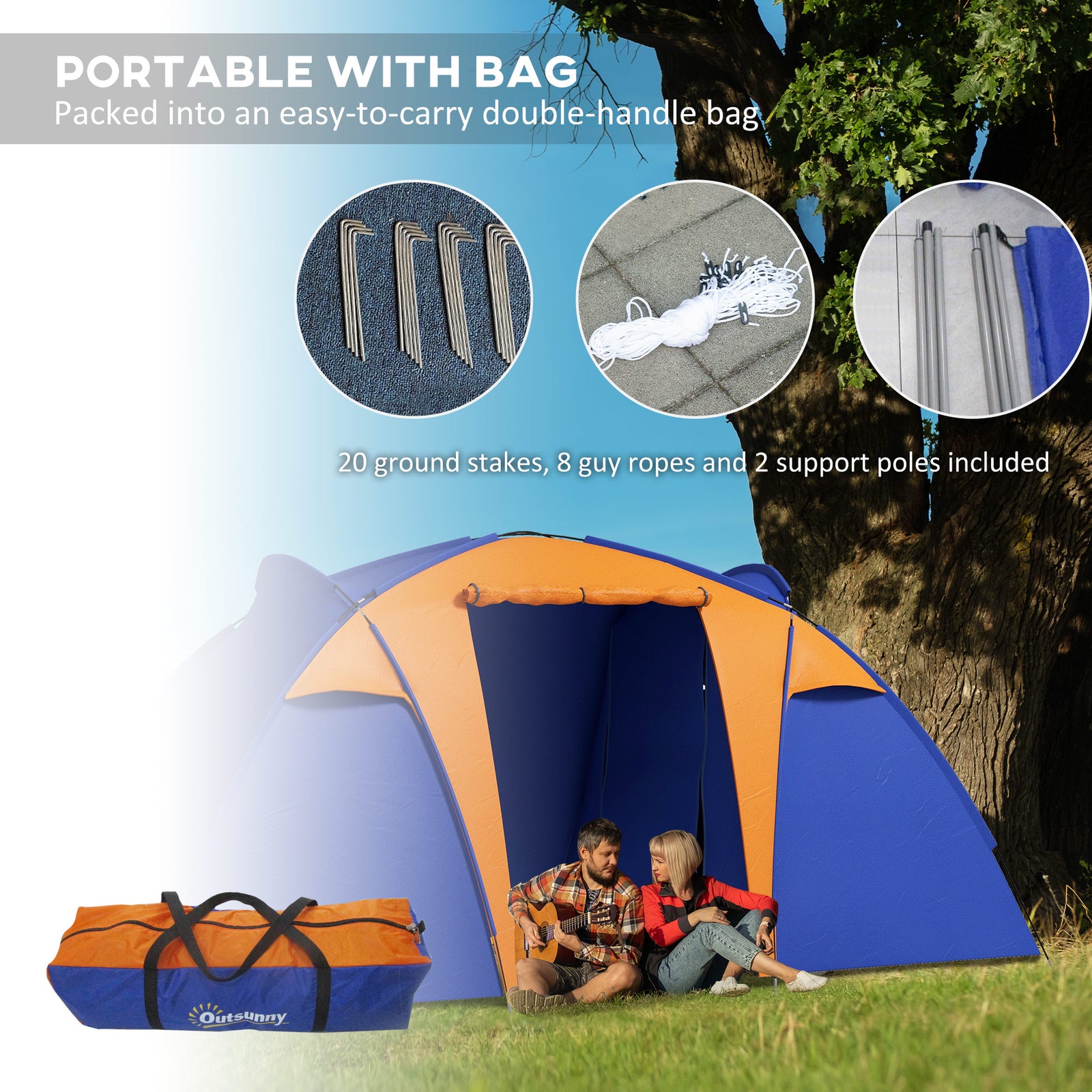 Large Camping Tent W/ 2 Bedroom, Living Area, Awning For 4-6