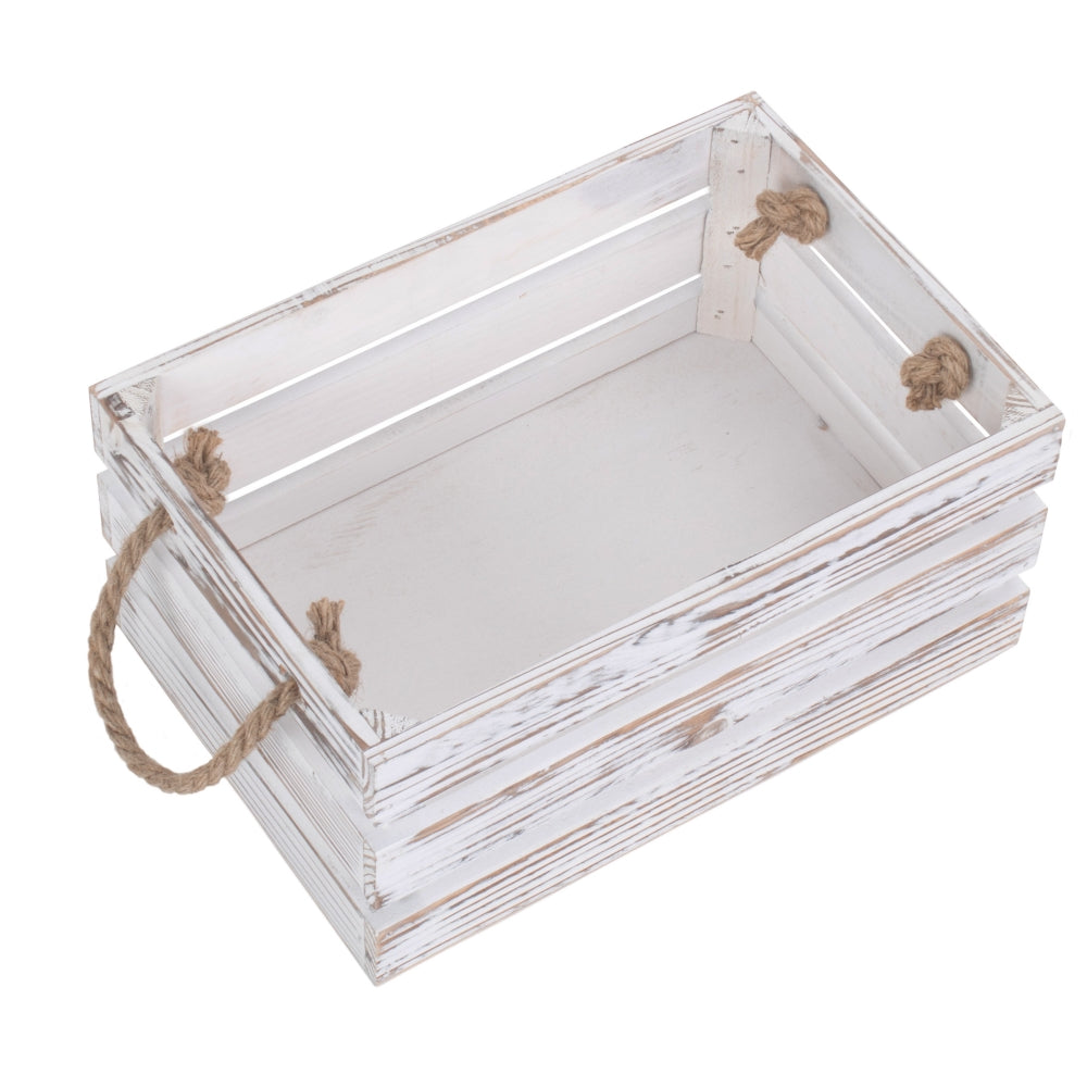 Distressed White Rope Handled Wooden Crate | Small | White