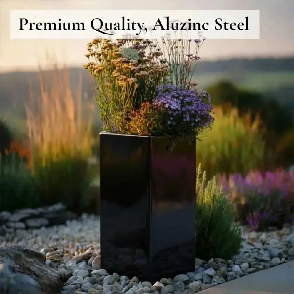 Zinc Galvanised Tall Square Planter | 25cm x 25cm x 50cm | Glossy Black
