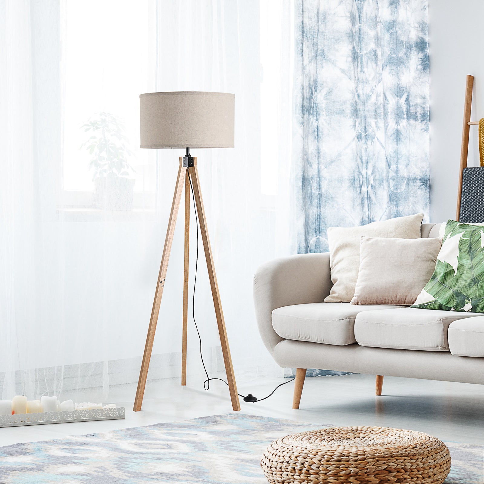 Wood Tripod Floor Lamp Elegant E27 Bulb Linen Shade | One Size | Beige