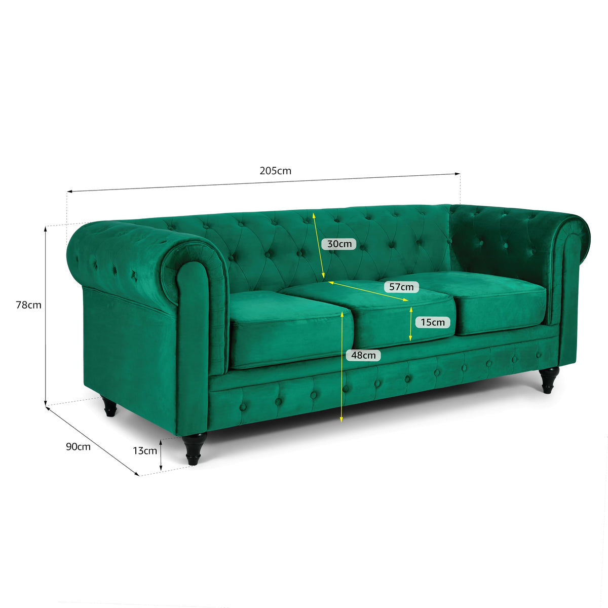 Chesterfield Scroll Arm Velvet Sofa 3 Seater | Emerald