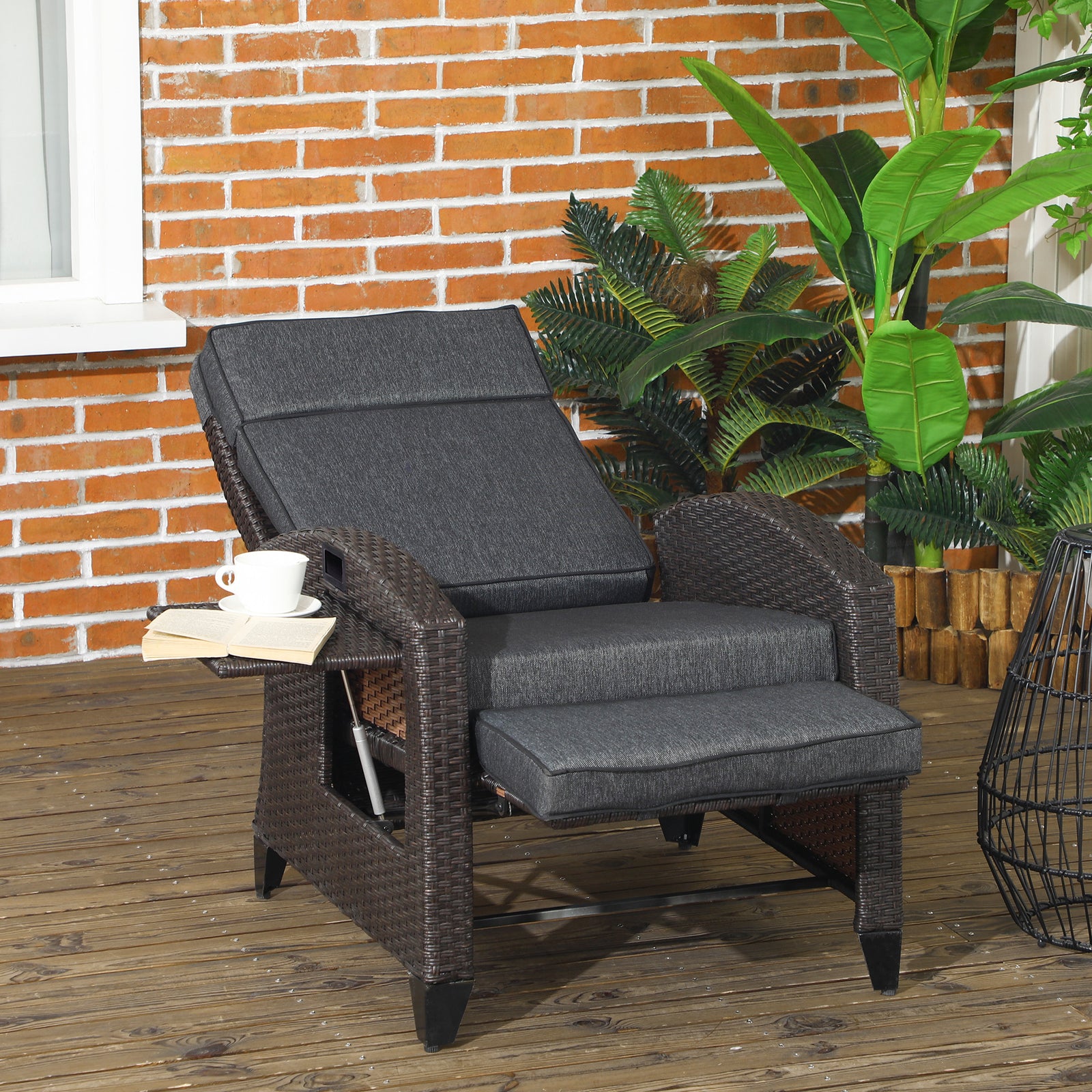 Outdoor Recliner Chair W/ Cushion, Pe Rattan Reclining | Dark Gray