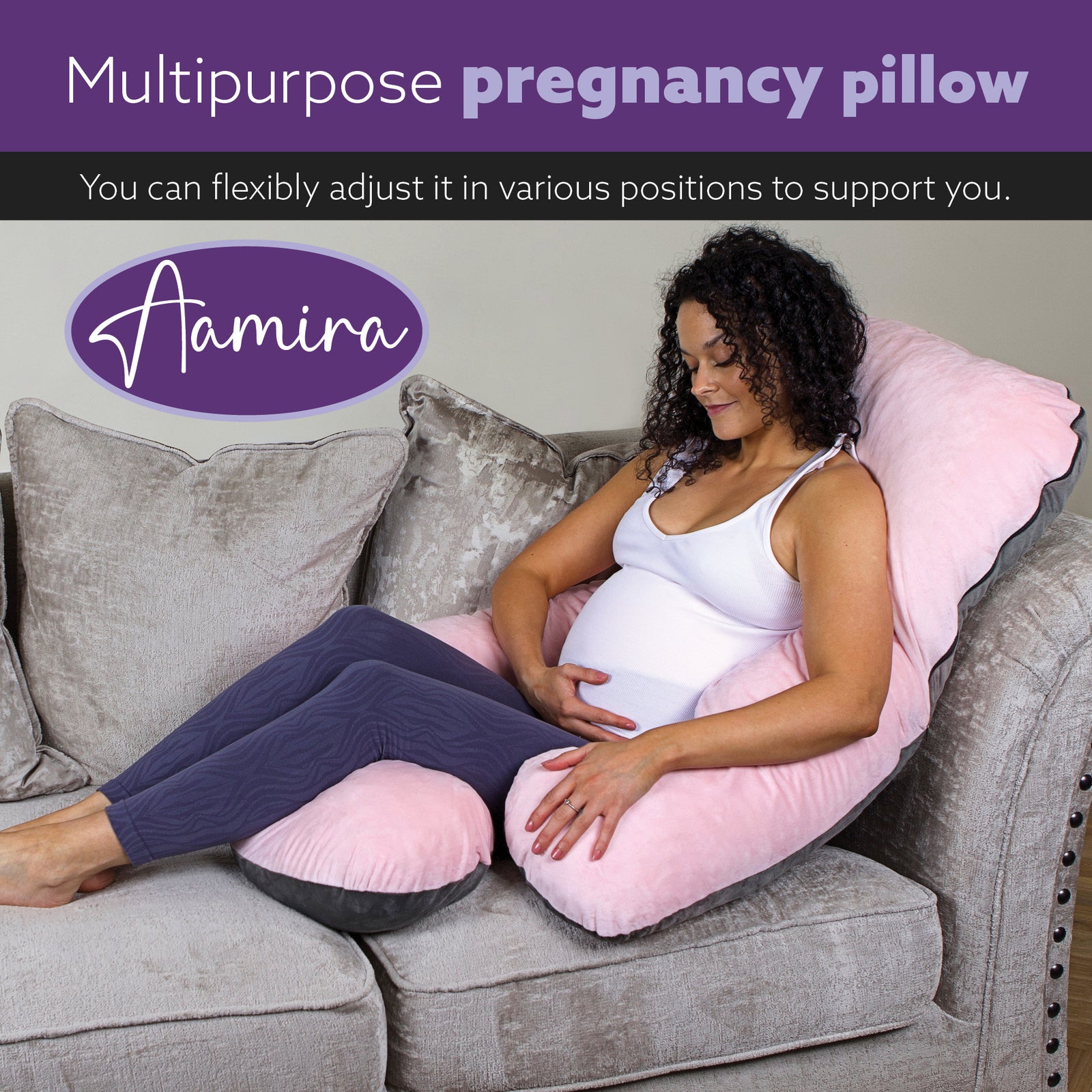 J Shaped Pregnancy Pillow, 140x70x20cm Shredded Memory Foam Full Body Maternity Cushion For Sleeping | J Shape | Pink