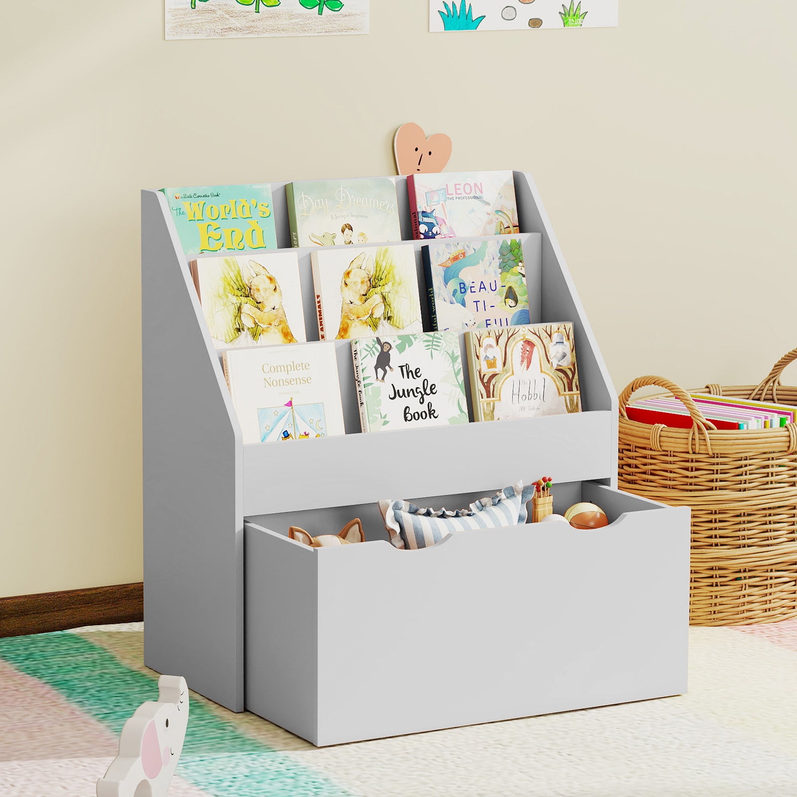 Kids Bookcase W/ 3 Tier Shelves, Drawer, For Bedroom, Nursery | Grey