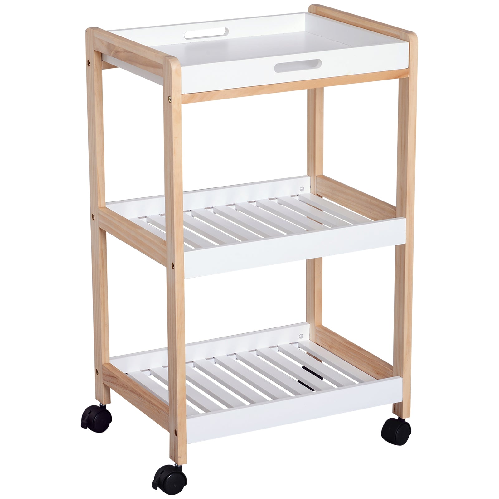 Mobile Trolley With Pine Wood, 3 Tier