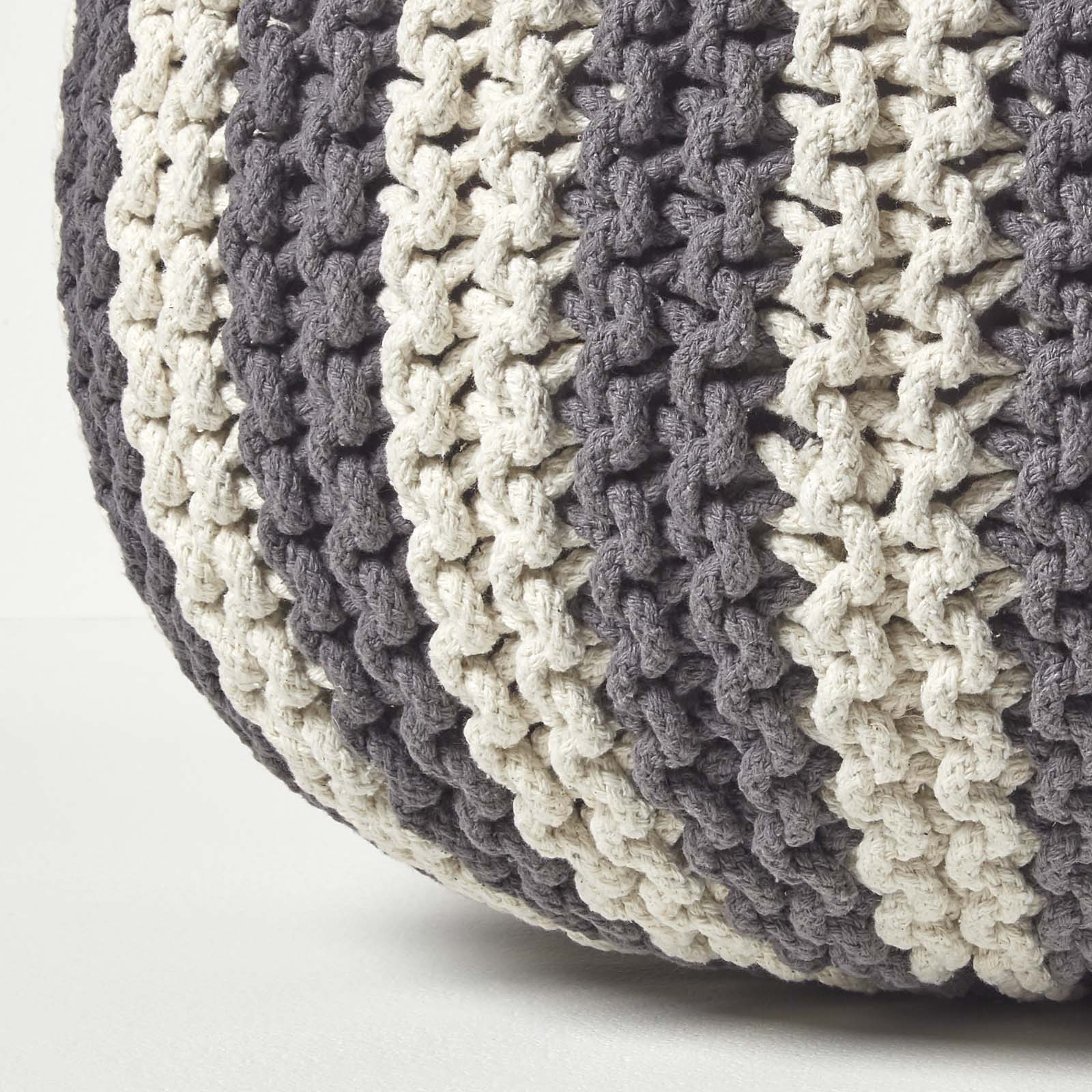 Knitted Pouffe Striped Footstool | 50cm x 35cm | Grey