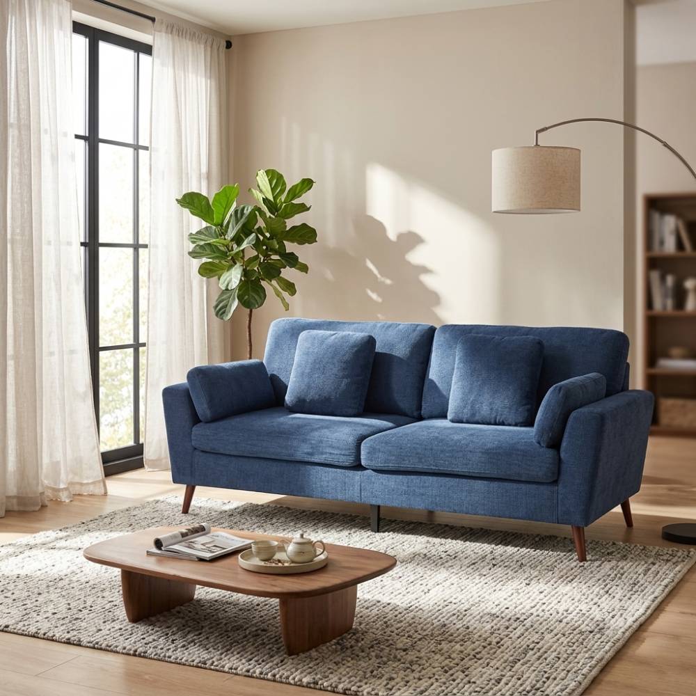 2-seater Chenille Upholstered Sofa With Pillows | Blue