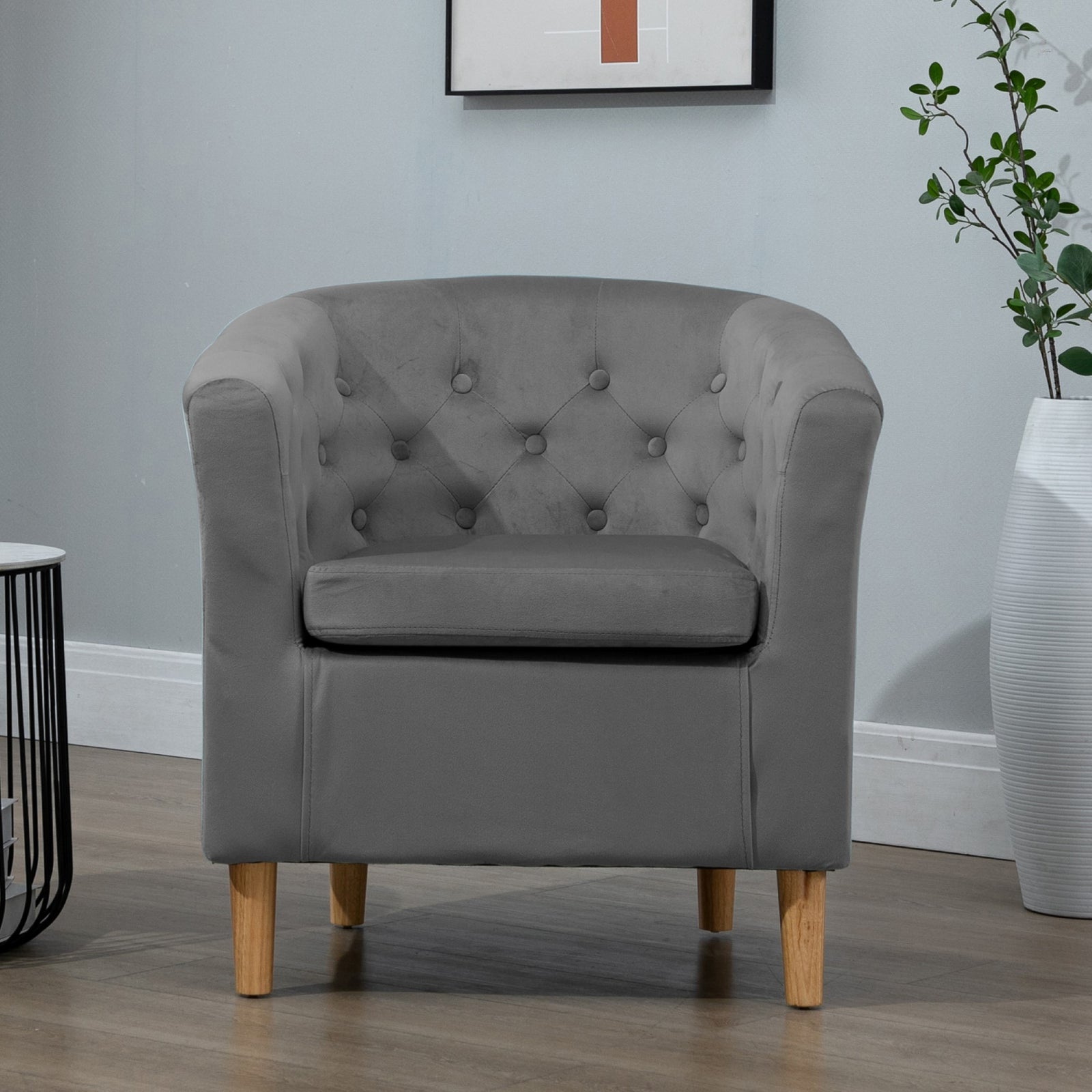 Clio 68cm Wide Velvet Fabric Studded Back Accent Chair With Dark And Light Wooden Legs | Gray