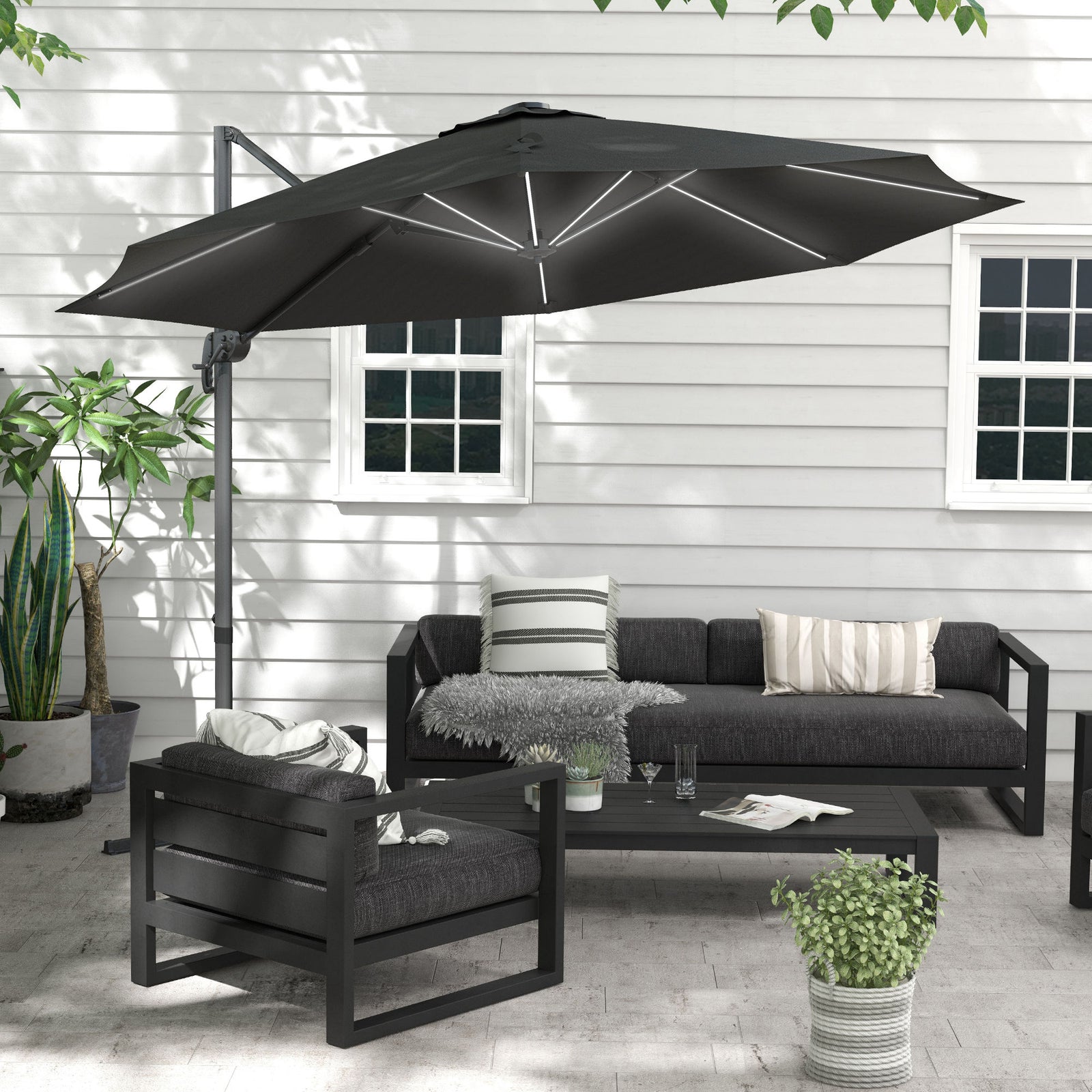 3m Solar Led Cantilever Parasol W/ Base | Dark Gray
