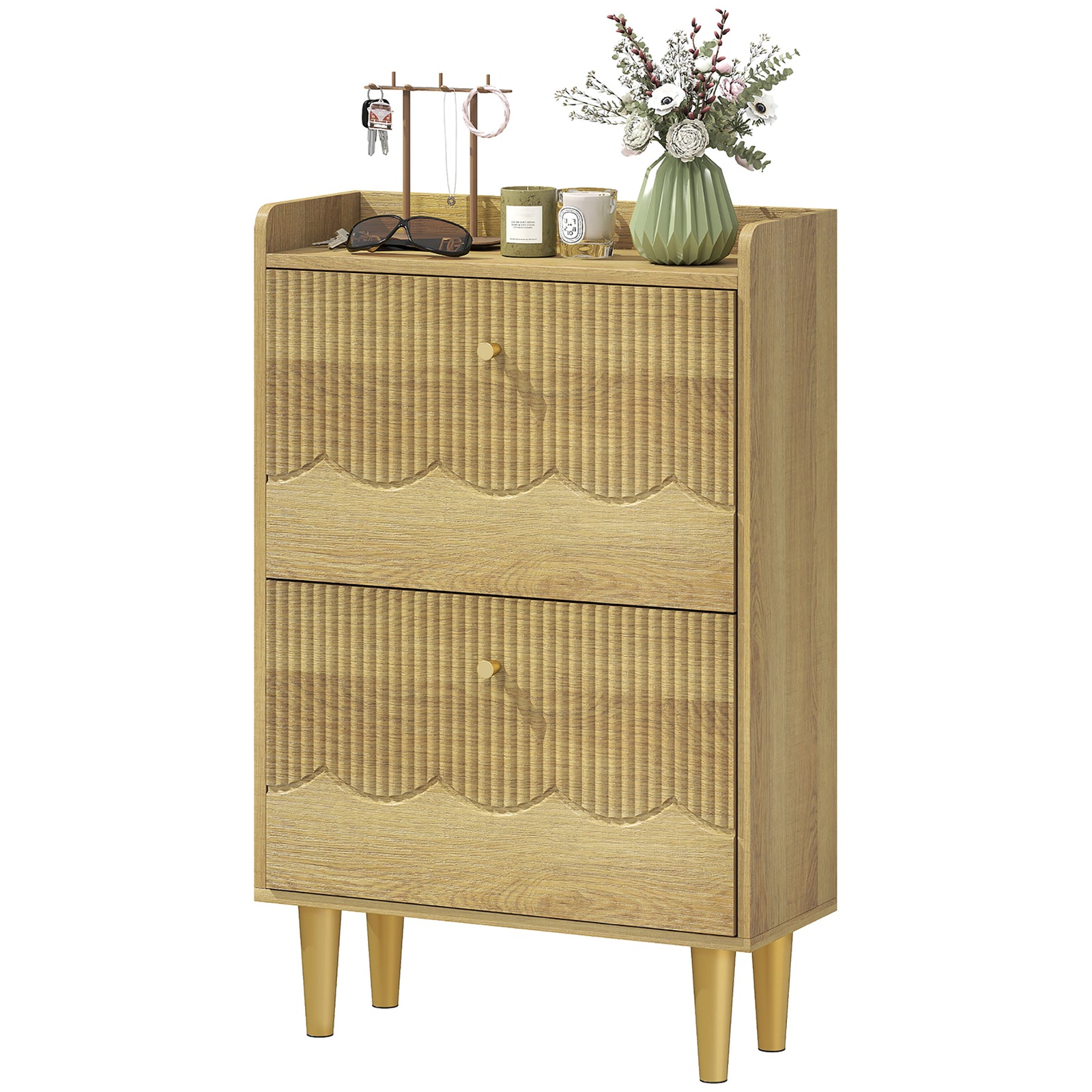 Narrow Shoe Cabinet, Shoe Storage Cabinet With Flip Drawers, Oak | M | Oak