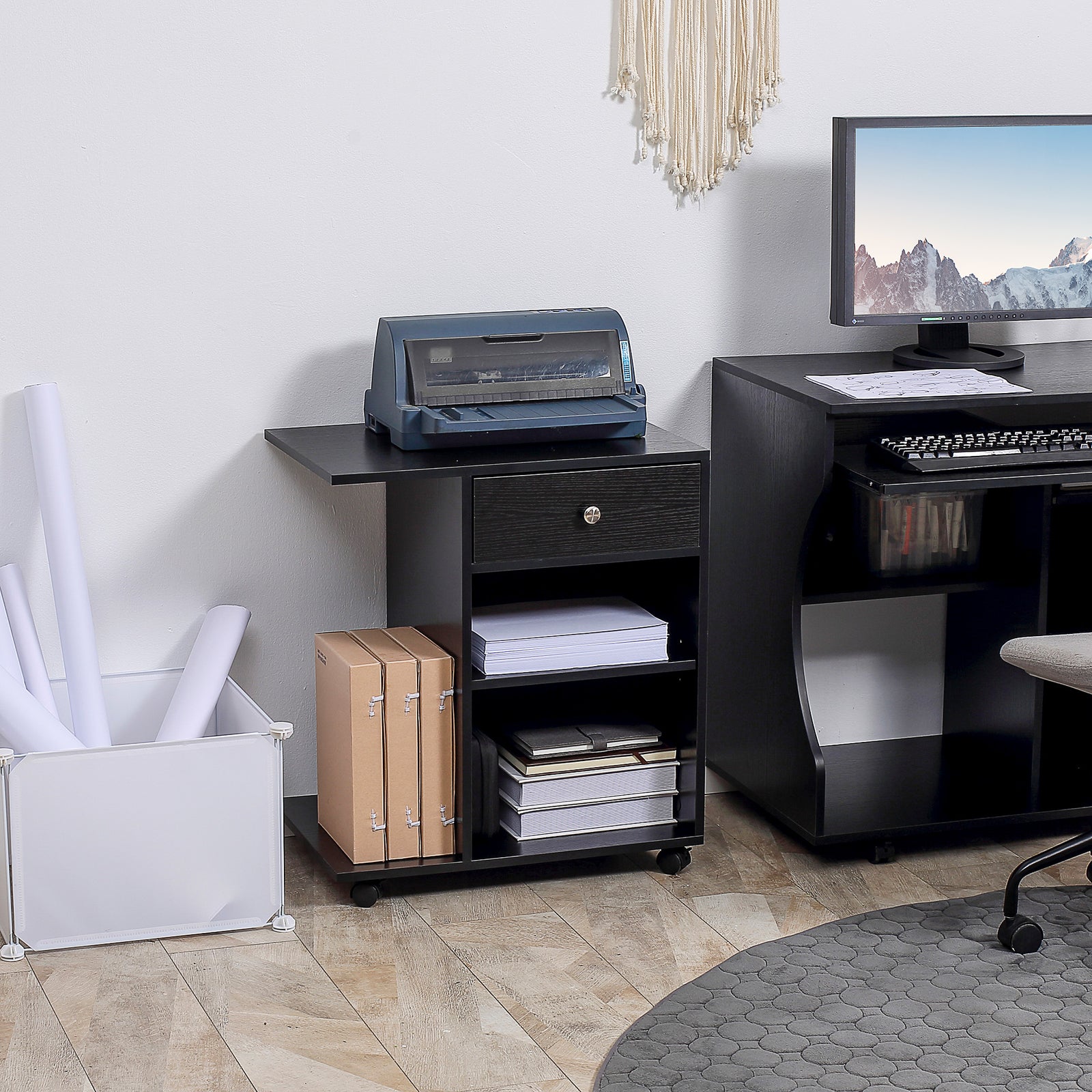 Desk Side Printer Stand With Wheels, Rolling Printer Cart