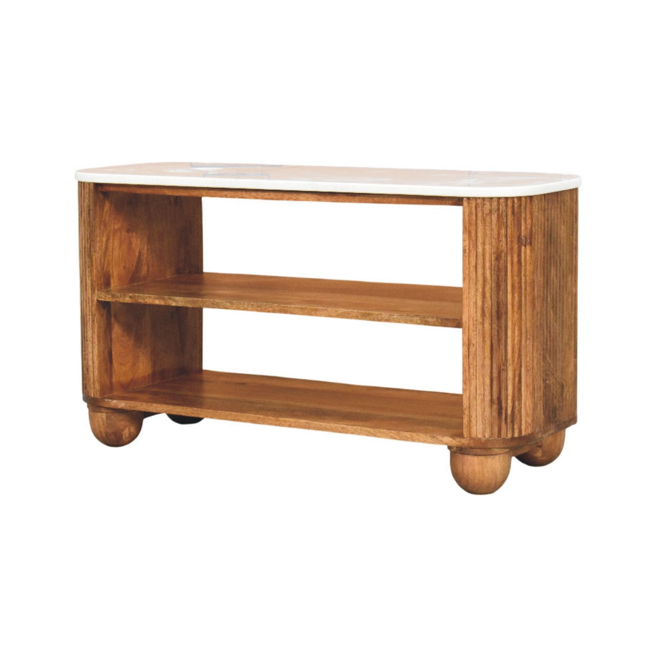 Beaumont Marble Shoe Bench, 2 Open Shelves, White and Brown