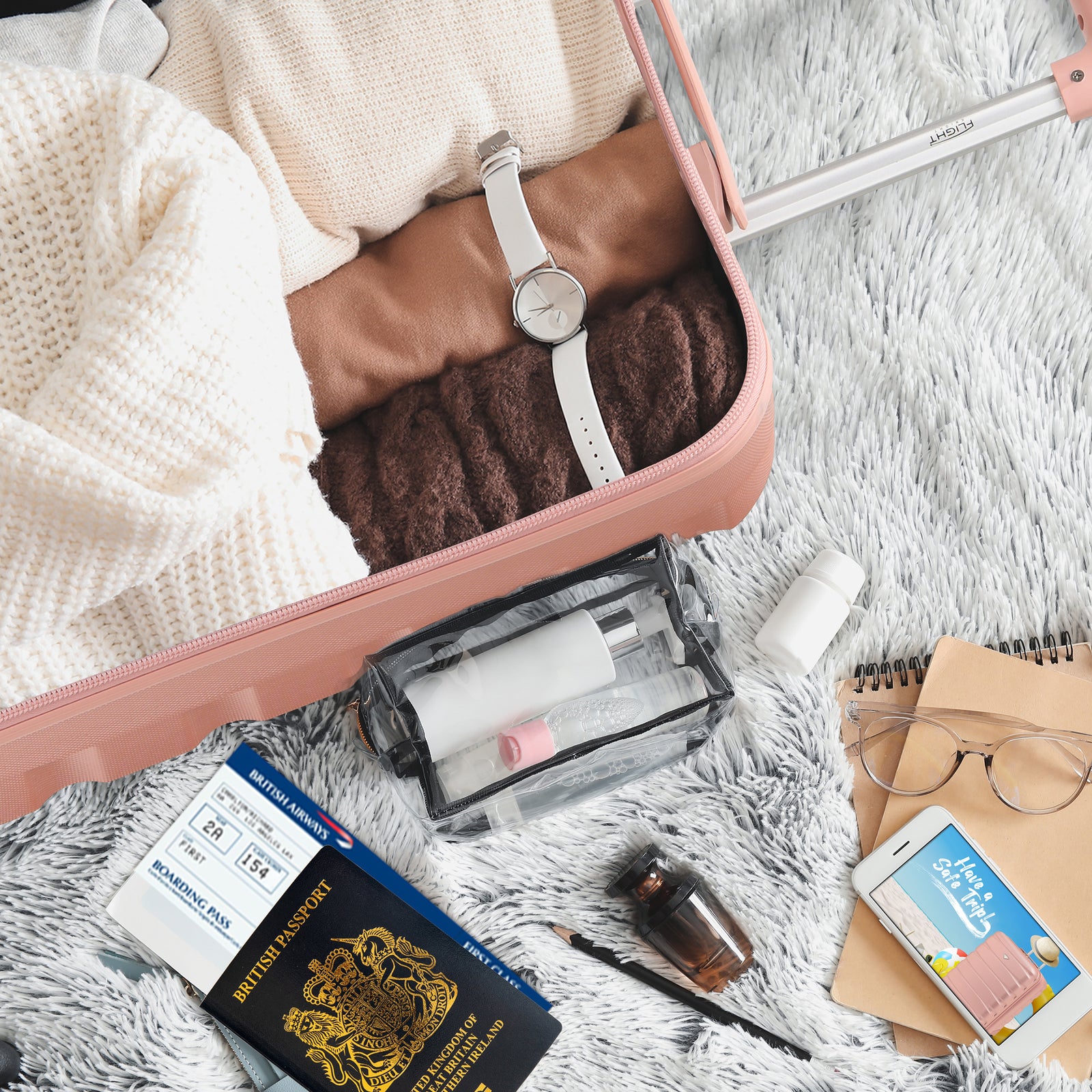 56x45x25cm Hard Cabin Suitcase - Lightweight 2-Wheel ABS Carry On Hand Luggage | Cabin | Rose