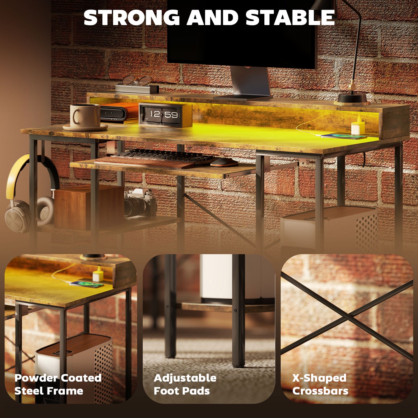 Gaming Desk With Monitor Stand And Sliding Keyboard Tray | Brown