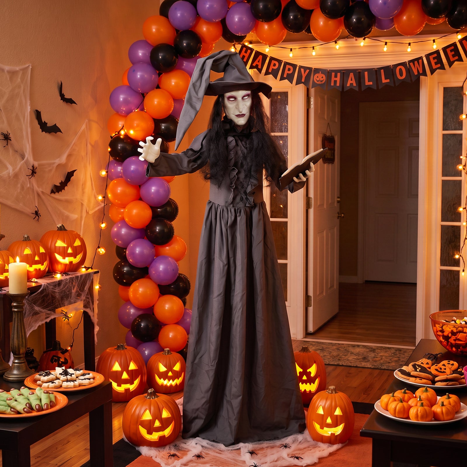 HOMCOM 180cm Life Size Animated Witch Halloween Decoration Outdoor Indoor
