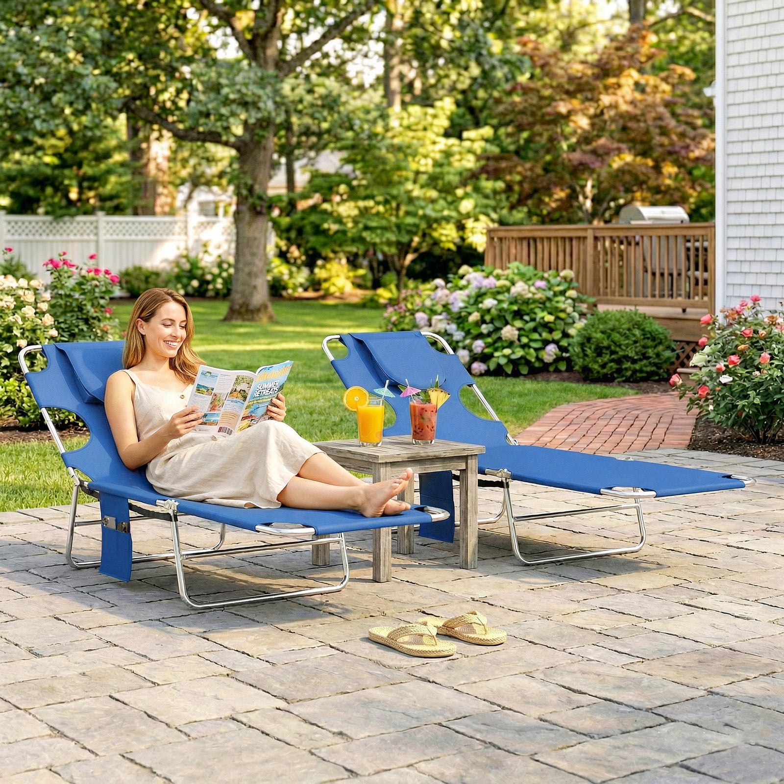 2 Sun Loungers With Reading Hole, Folding Garden Lounger | Blue