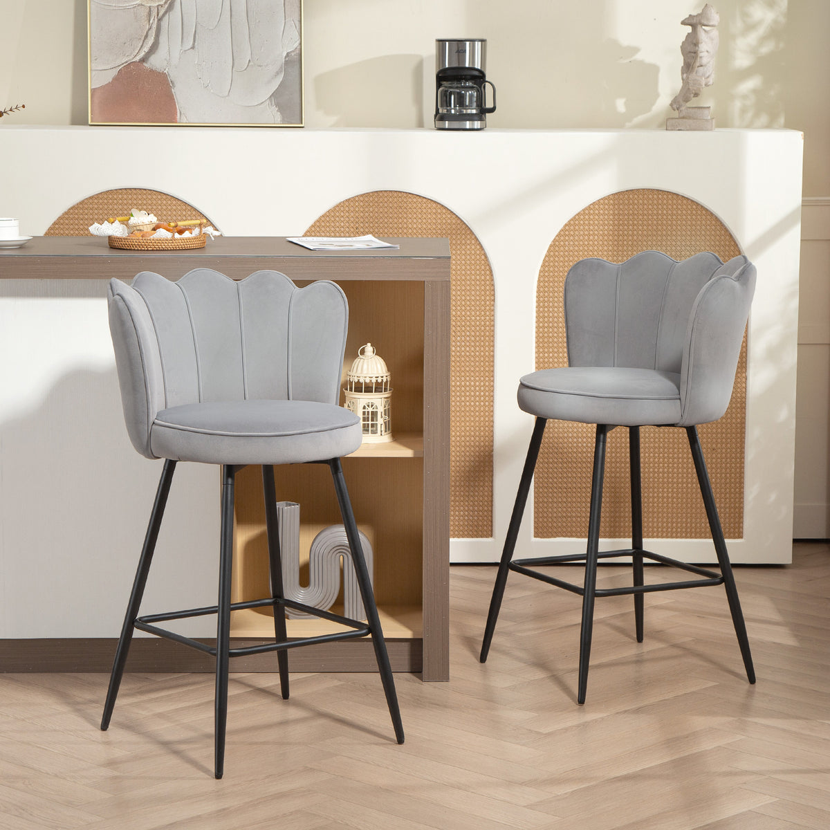 Barstool With Petal Backrest For Kitchen Island | Set of 2 | Grey