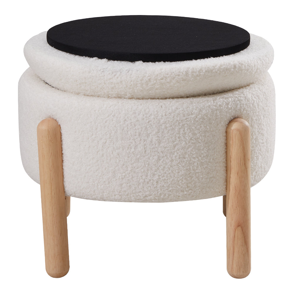 Beige Teddy Fur Upholstered Round Storage Ottoman Footrest