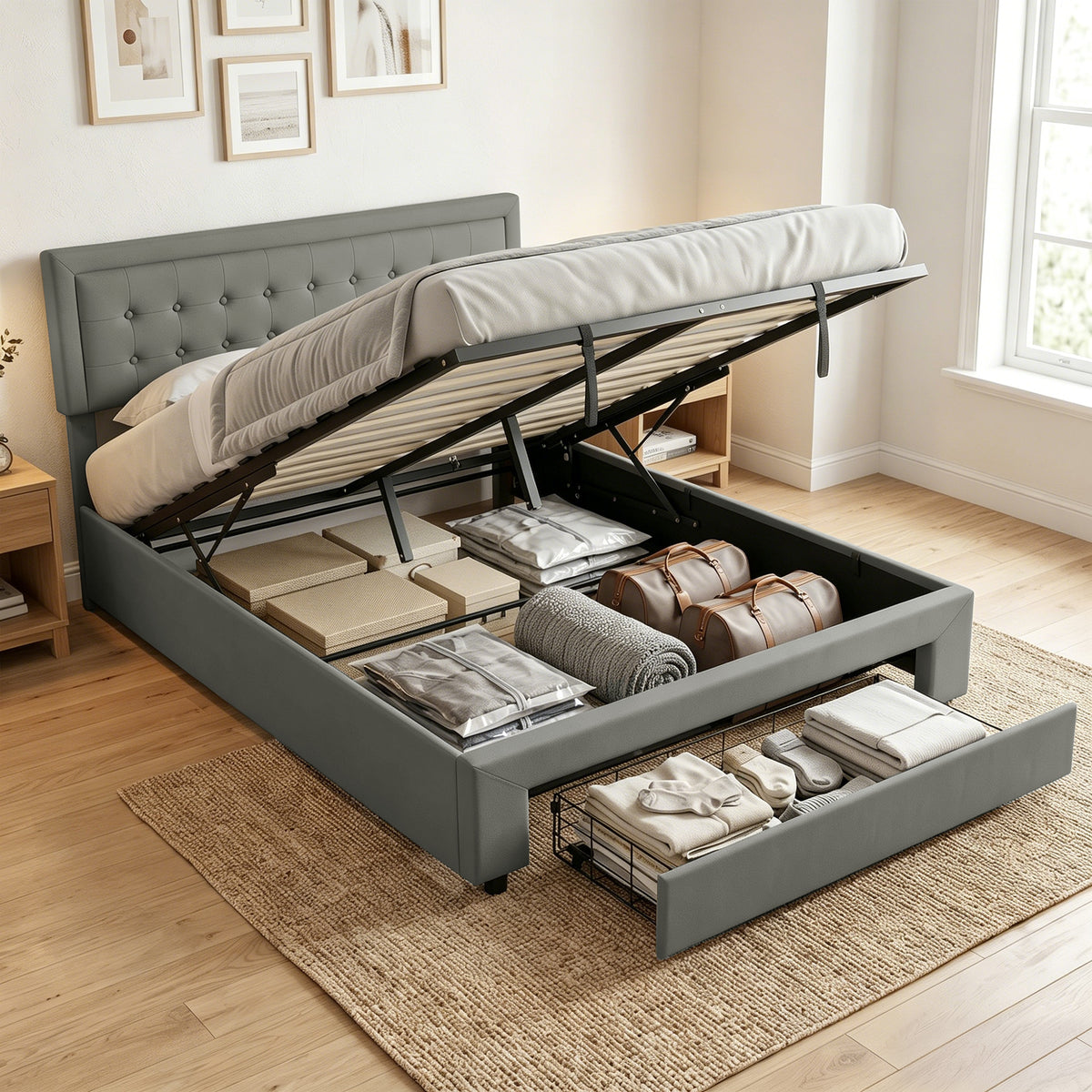 HOMCOM Pu Leather King Bed Frame With Storage And Adjustable Headboard, Grey