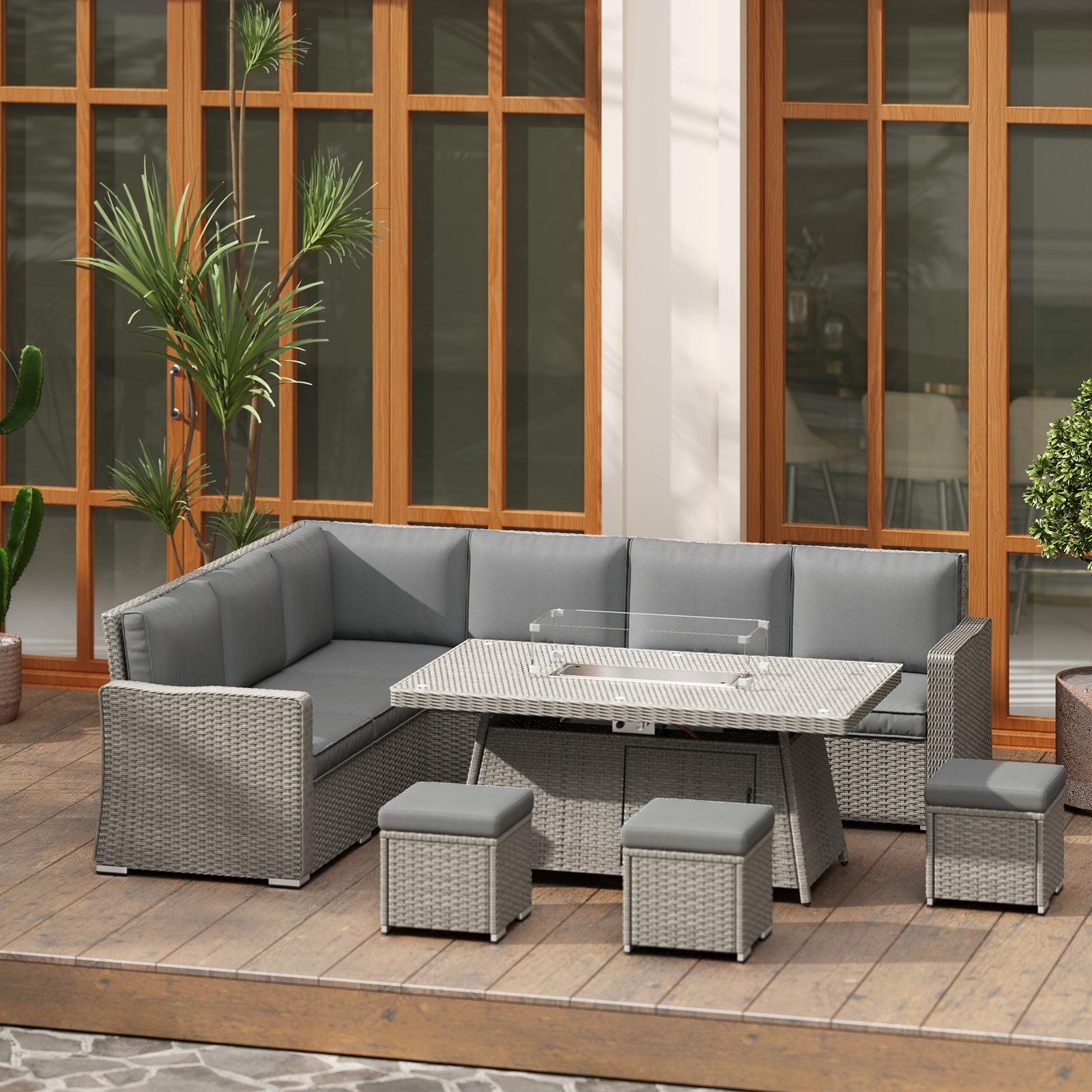 7 Pieces Rattan Furniture Set 50,000 Btu Gas Fire Pit Table
