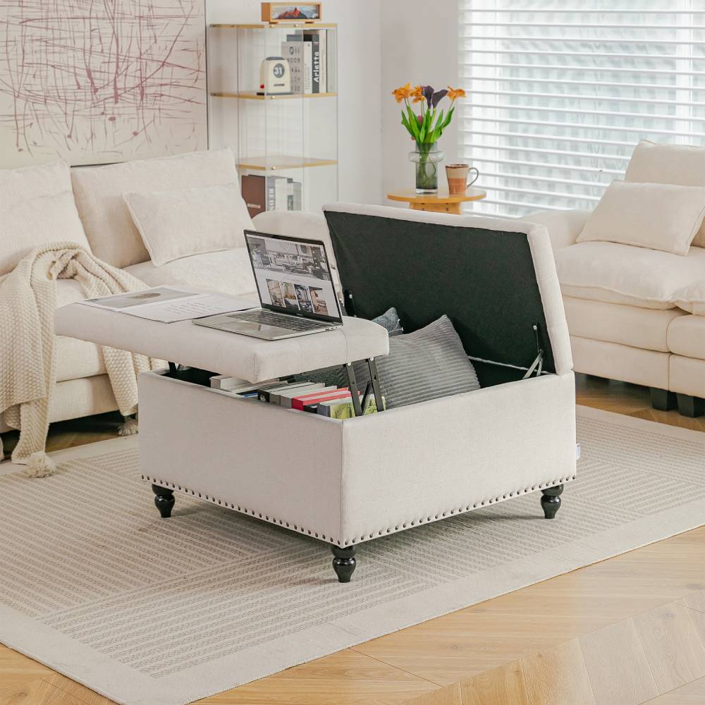 Square Linen Upholstered Storage Ottoman With Lift-top & Flip Design | Beige