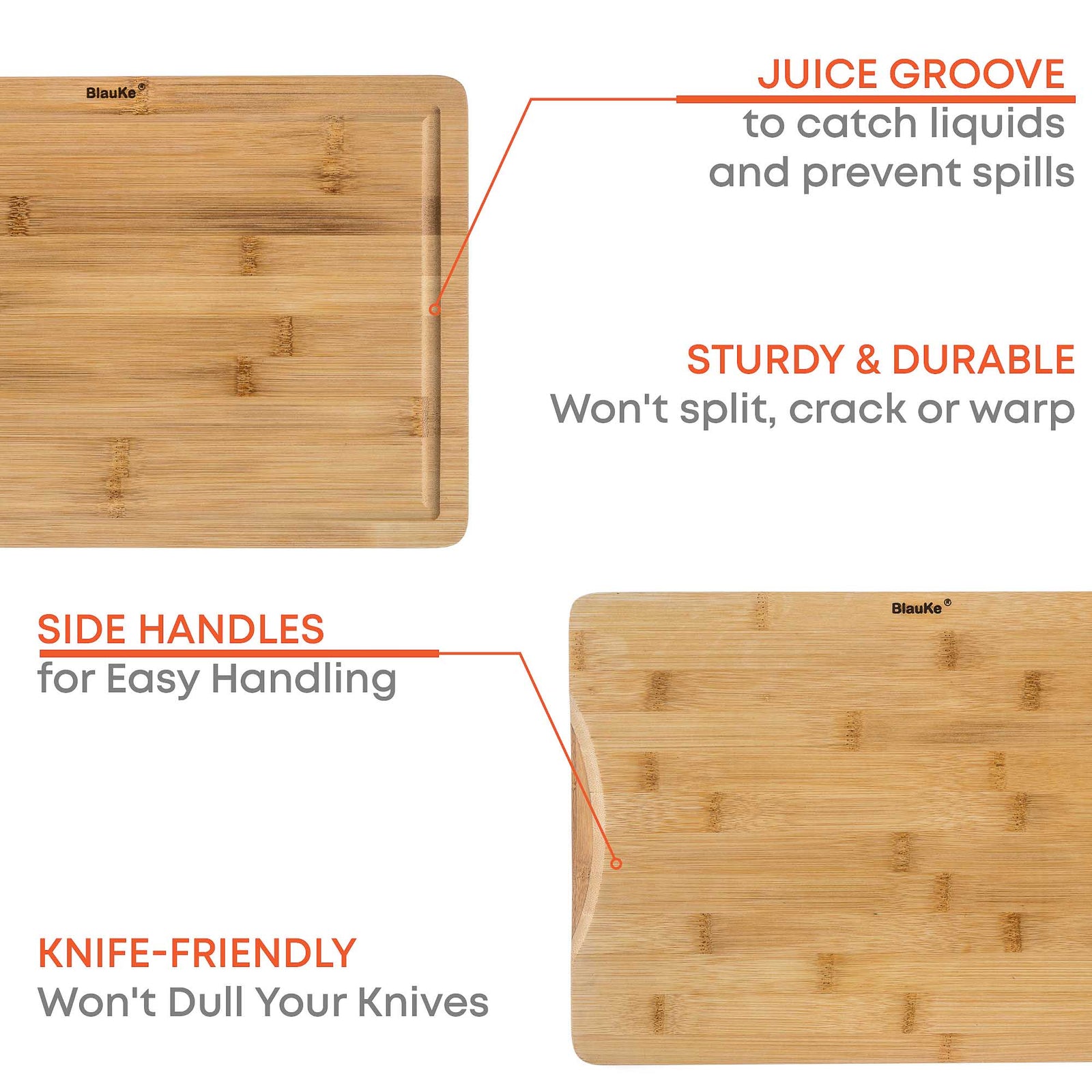 BlauKe Wood Cutting Board For Kitchen - 38x25cm Large Bamboo Cutting Board With Juice Groove And Handles - Wooden Chopping Board