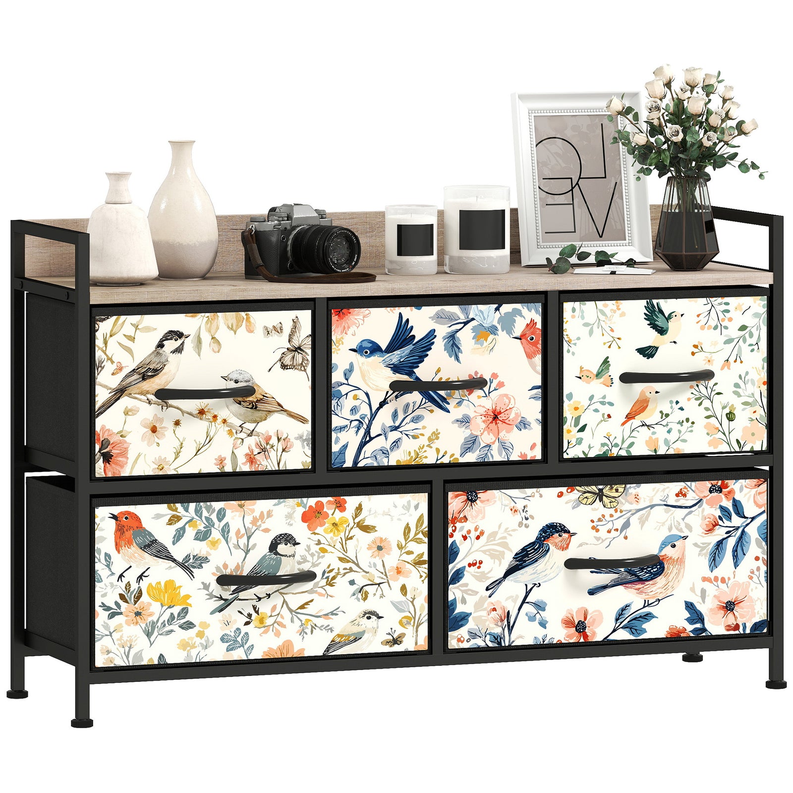 5-drawer Chest Of Drawers, Fabric Dresser With Open Shelf | White