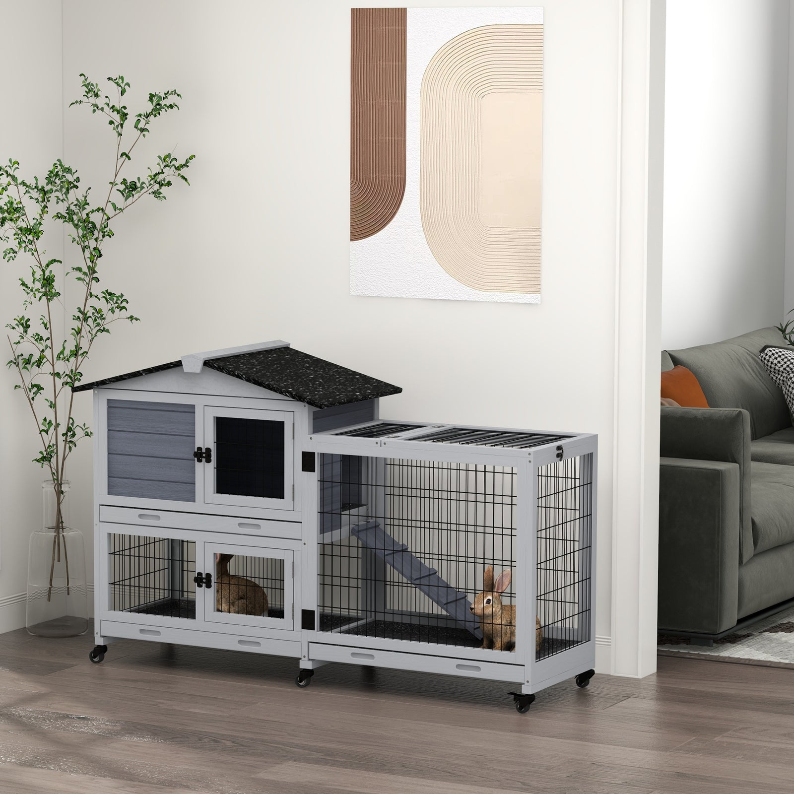 Large Rabbit Hutch Outdoor Indoor W/ Wheels, Three Slide-out Trays, Ramp