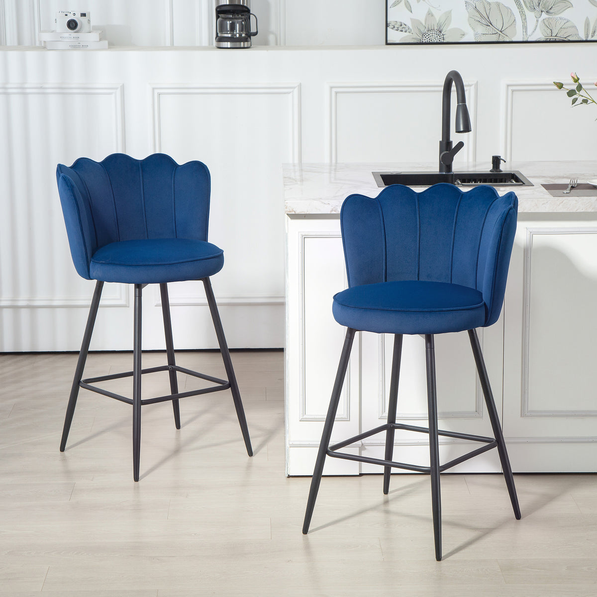 Barstool With Petal Backrest For Kitchen Island | Set of 2 | Dark Blue