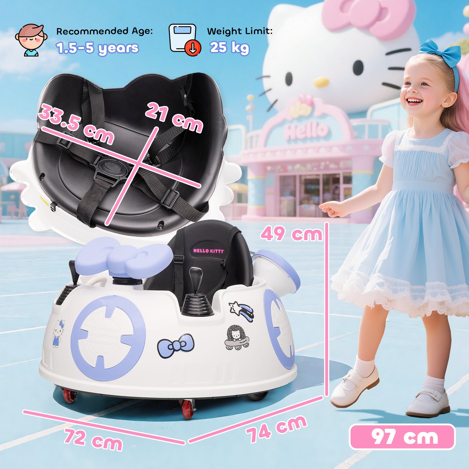 Hello Kitty Kids Ride On Bumper Car With Remote Control, White
