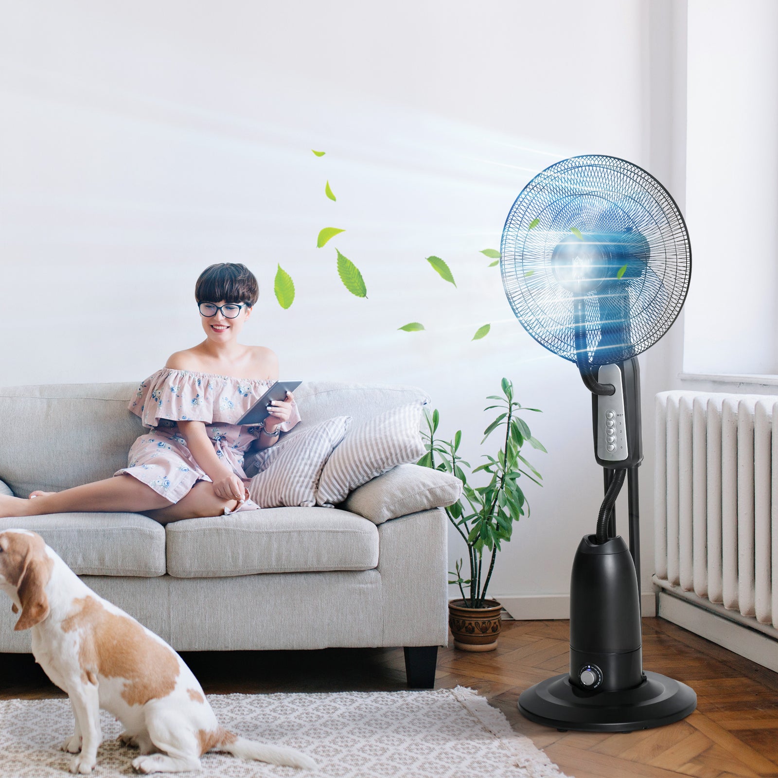 18" Pedestal Fan With Water Mist Spray, 2.8l Tank