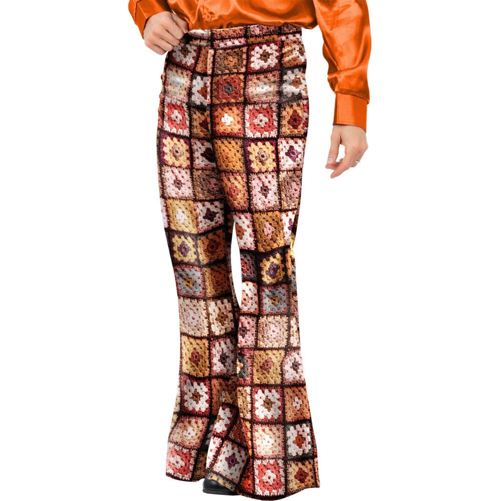 Mens 60s Vintage Crochet Print Flared Trousers | Medium