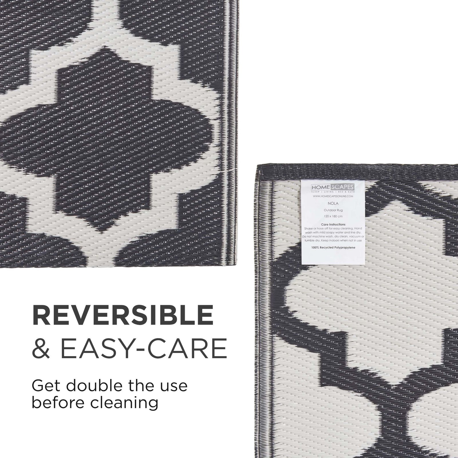 Luxury Outdoor Rug Waterproof Reversible For Garden Patio 100% Recycled, Black Nola Geometric | 75cm x 200cm | Black